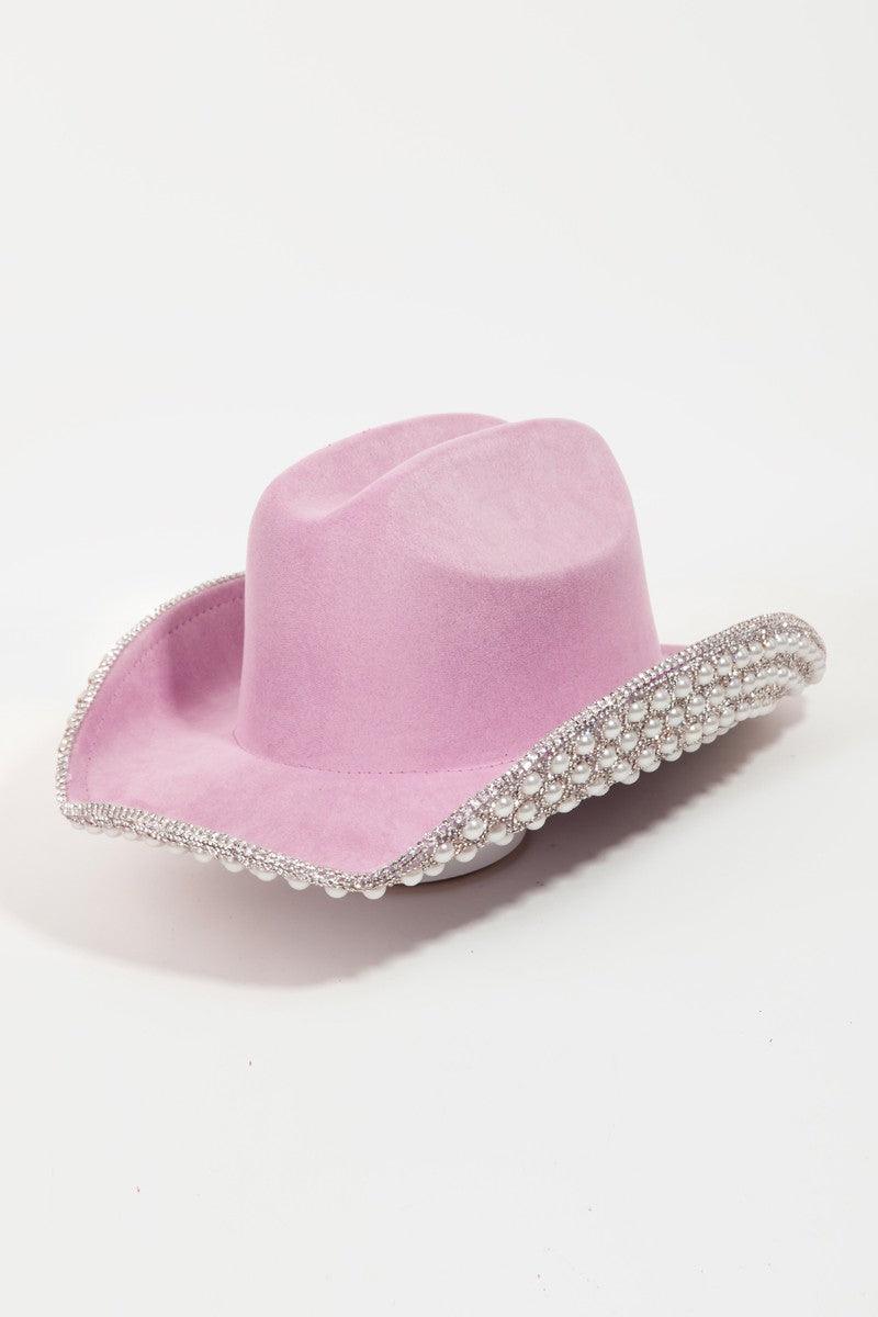 Pave Rhinestone Pearl Trim Cowboy Hat - Dapper Deluxe Fashion