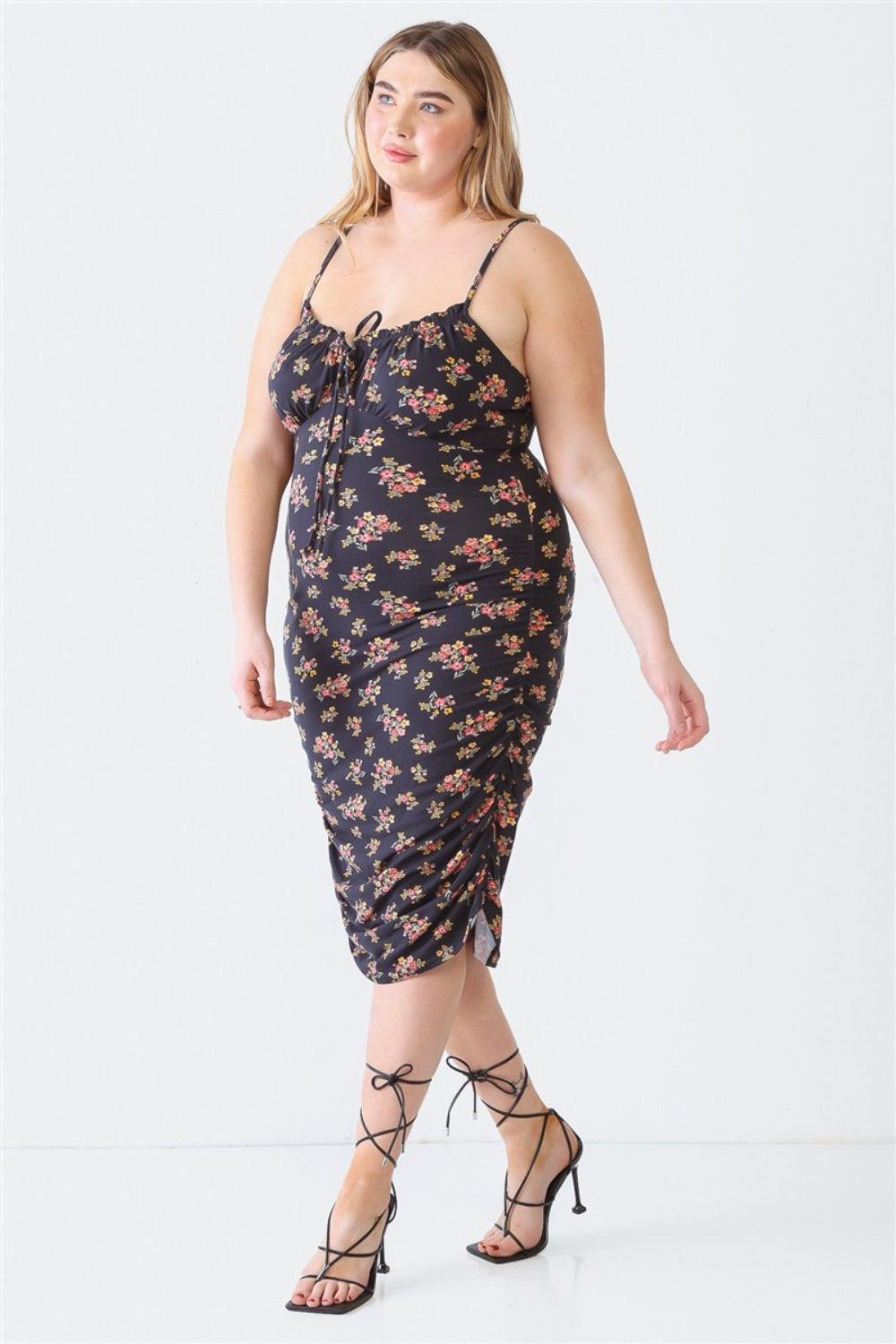 Blue Leopard Plus Size Ruched Floral Square Neck Cami Dress - Dapper Deluxe Fashion