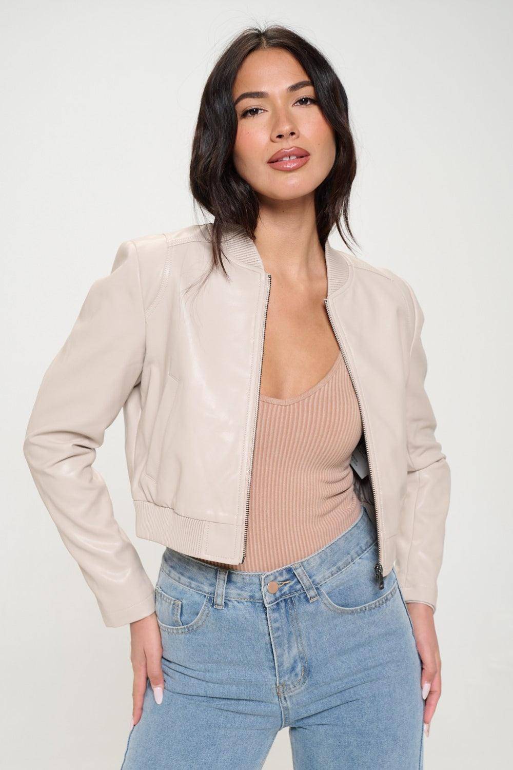 Ava Zip Up Cropped Bomber Jacket in Cream - Dapper Deluxe Fashion