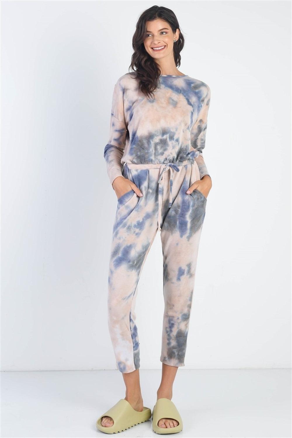 Cherish Apparel Tie-Dye Round Neck Long Sleeve Jumpsuit - Dapper Deluxe Fashion