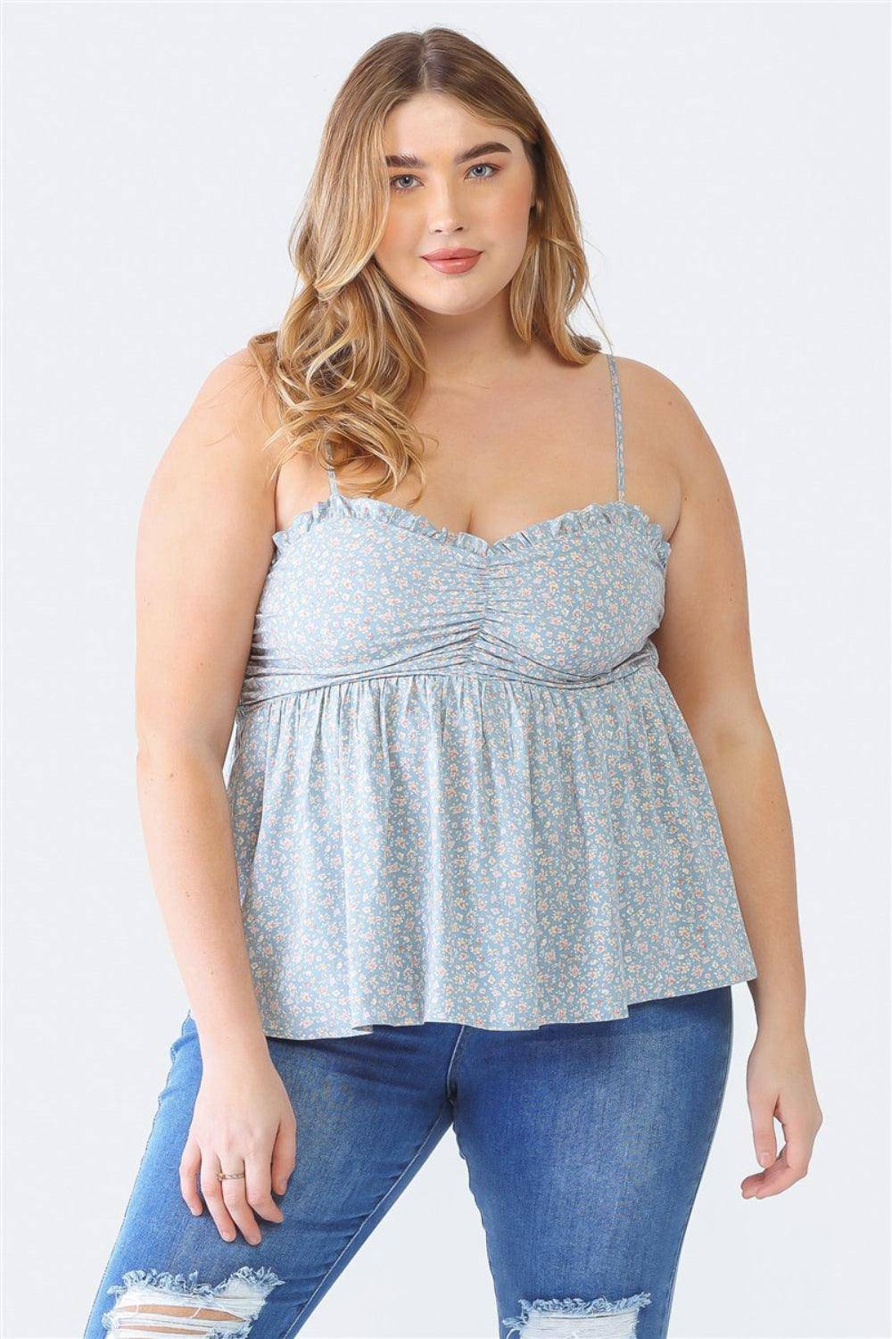 Zenobia Plus Size Frill Smocked Floral Sweetheart Neck Cami - Dapper Deluxe Fashion