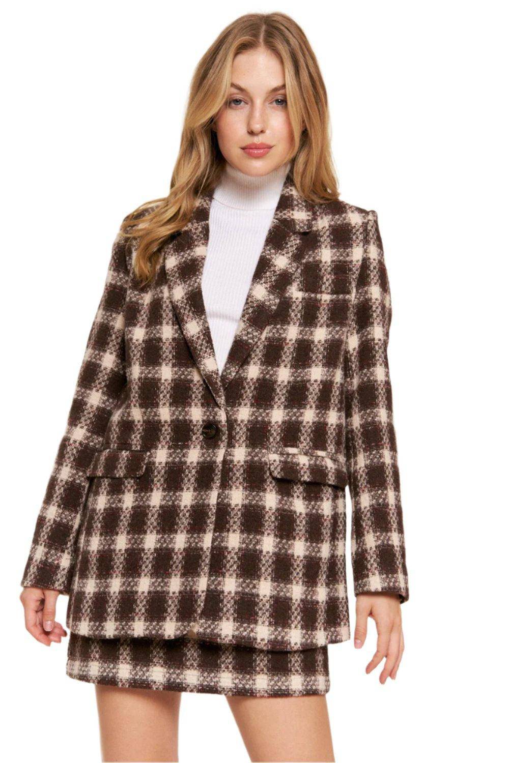 As If! Brushed One Button Plaid Blazer - Dapper Deluxe Fashion