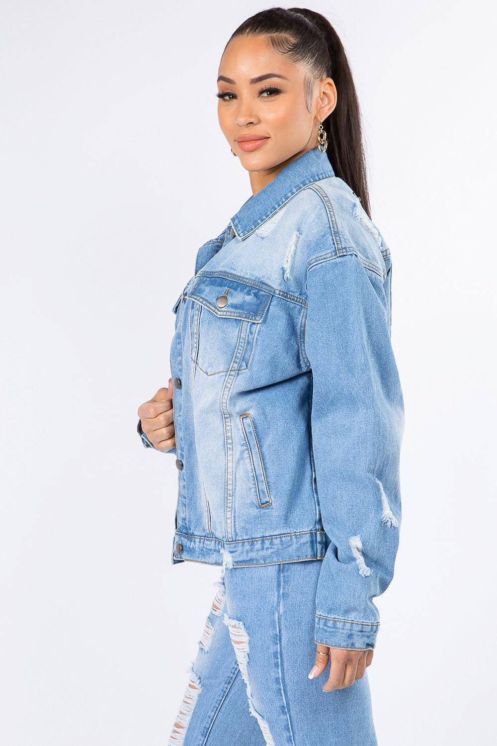 Hollywood Distressed Long Sleeve Denim Jacket - Dapper Deluxe Fashion