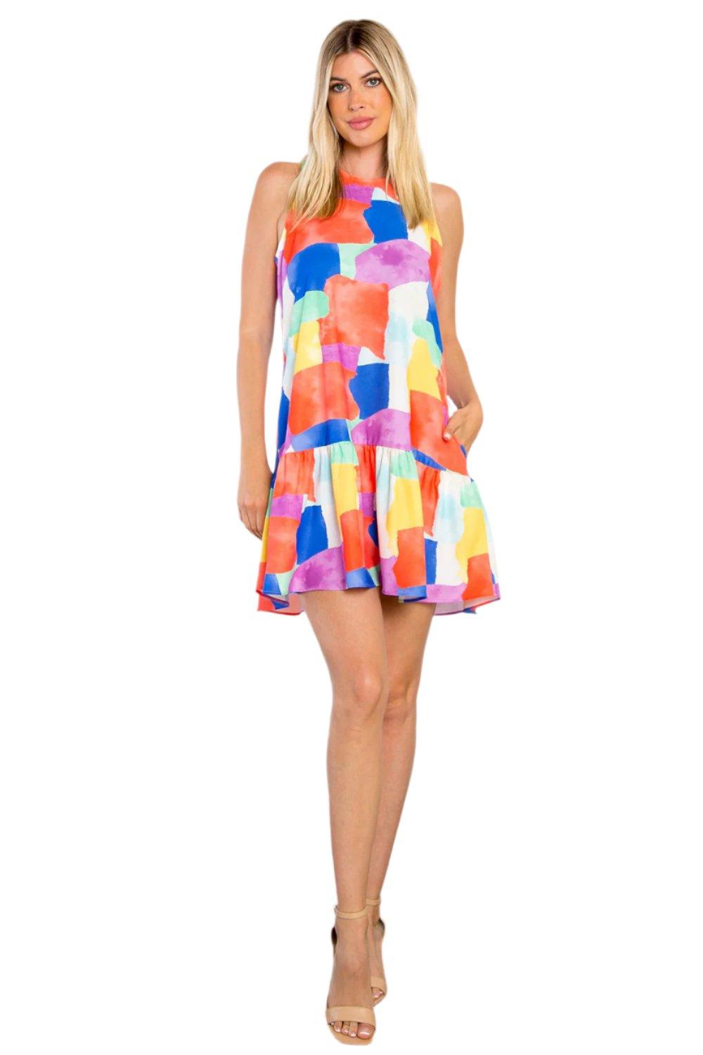 Be Stage Abstract Print Ruffle Hem Mini Dress with Pockets - Dapper Deluxe Fashion