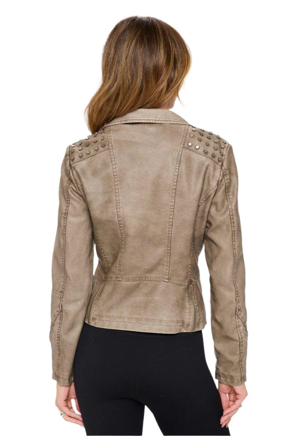 Vivienne Studded Classic Moto Faux Leather Jacket in Mocha - Dapper Deluxe Fashion