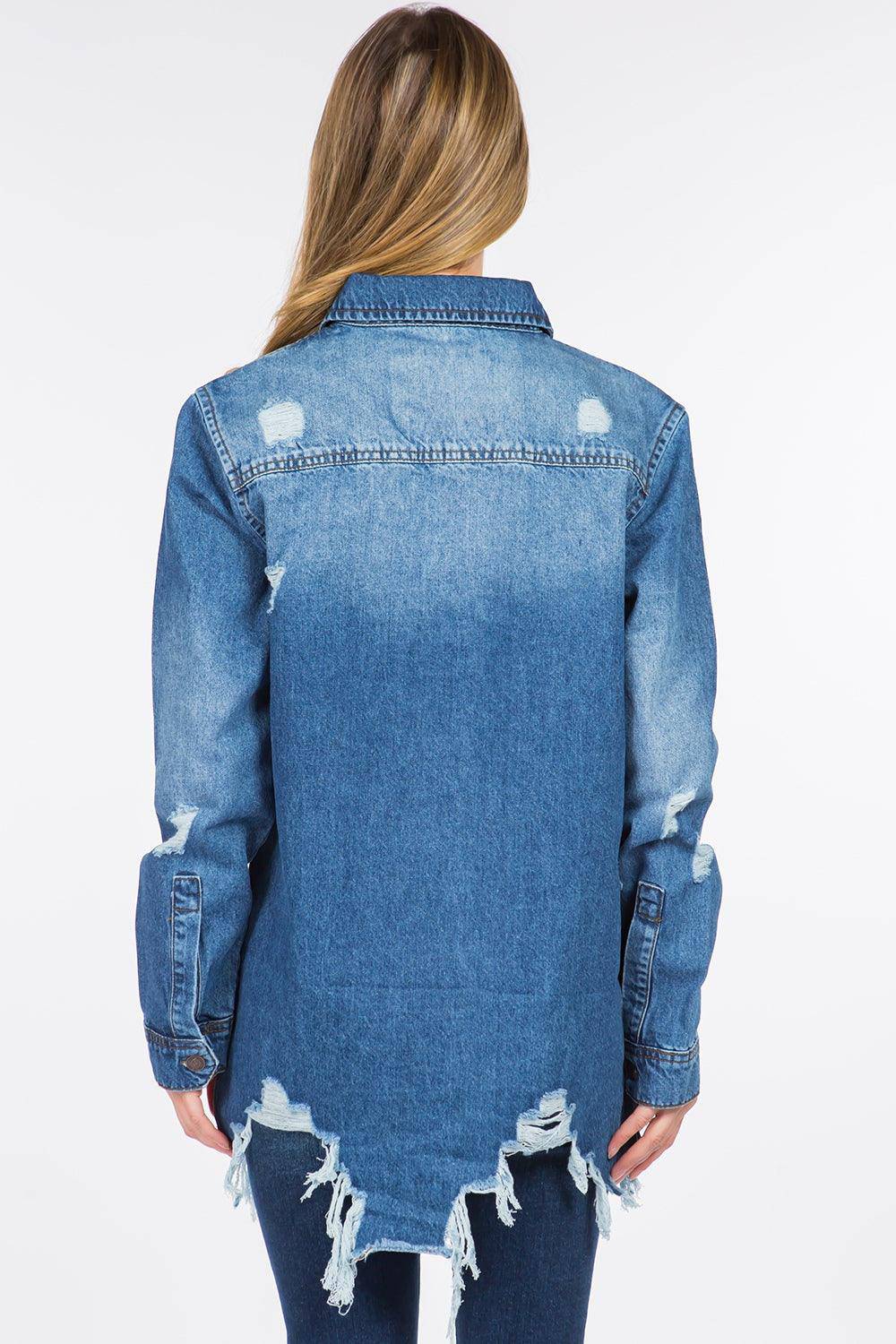 Distressed Frayed Hem Denim Jacket - Dapper Deluxe Fashion