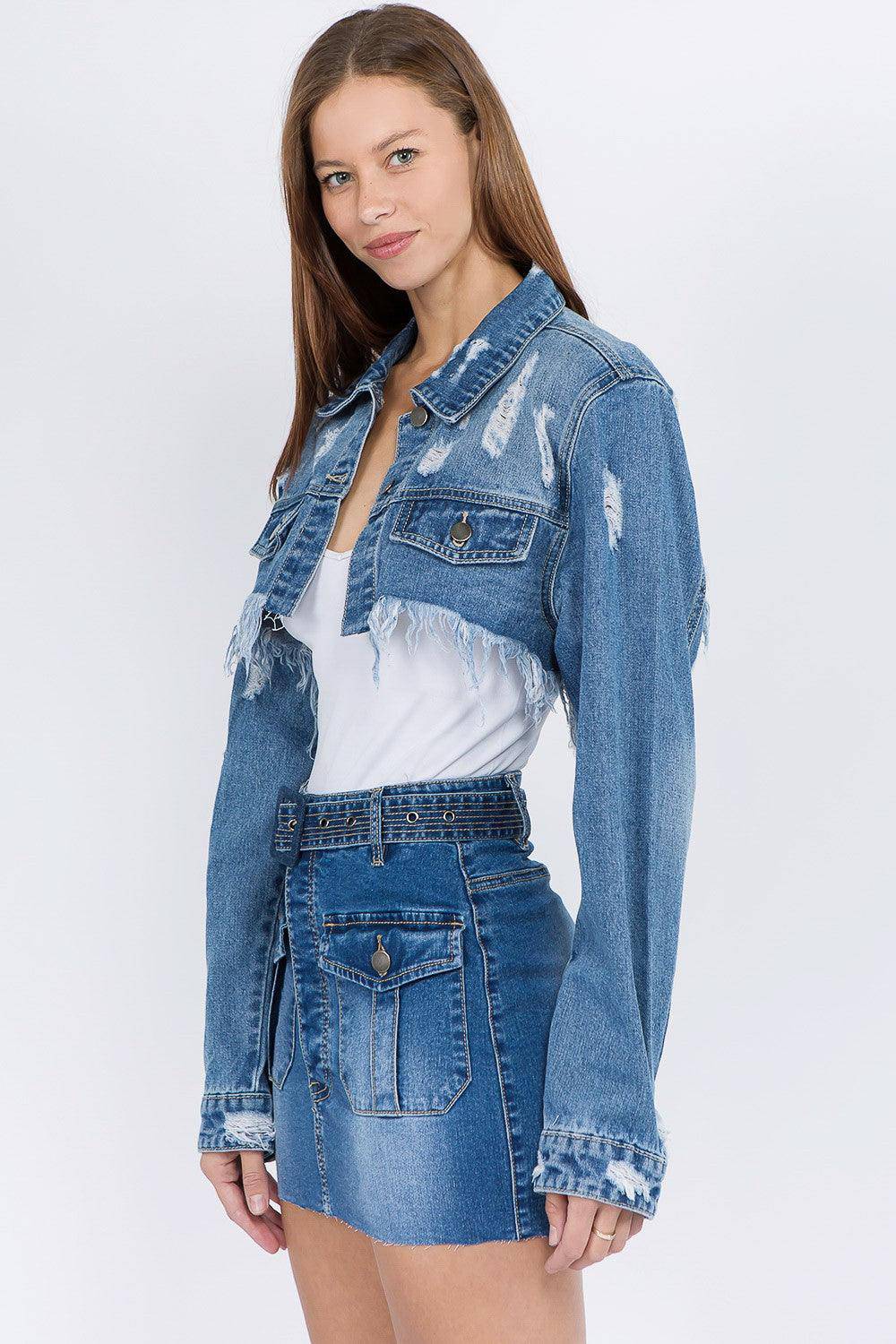 Distressed Denim Frayed Hem Jacket - Dapper Deluxe Fashion