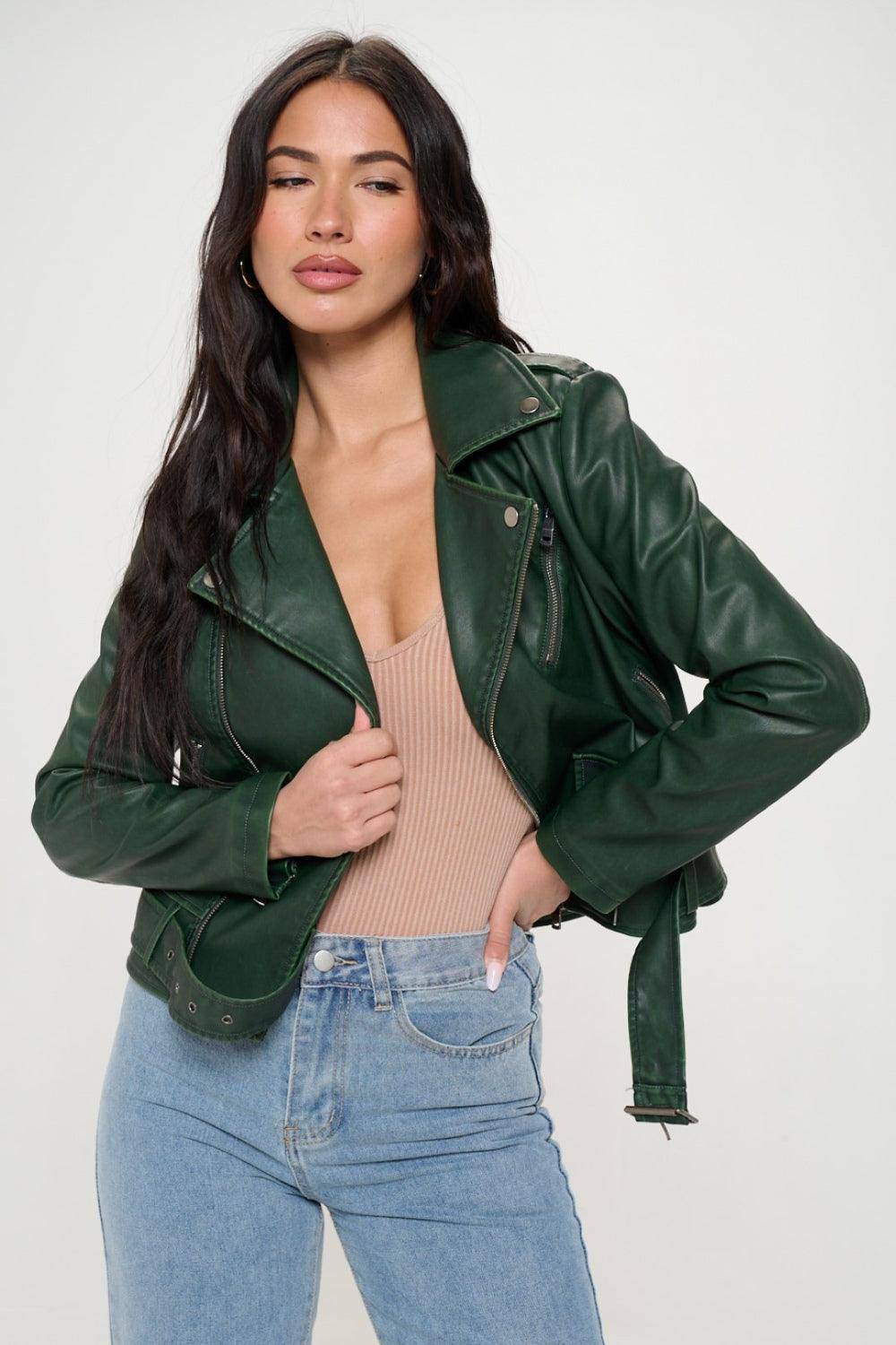 Giovanni Zip Up Biker Jacket with Belt in Green - Dapper Deluxe Fashion