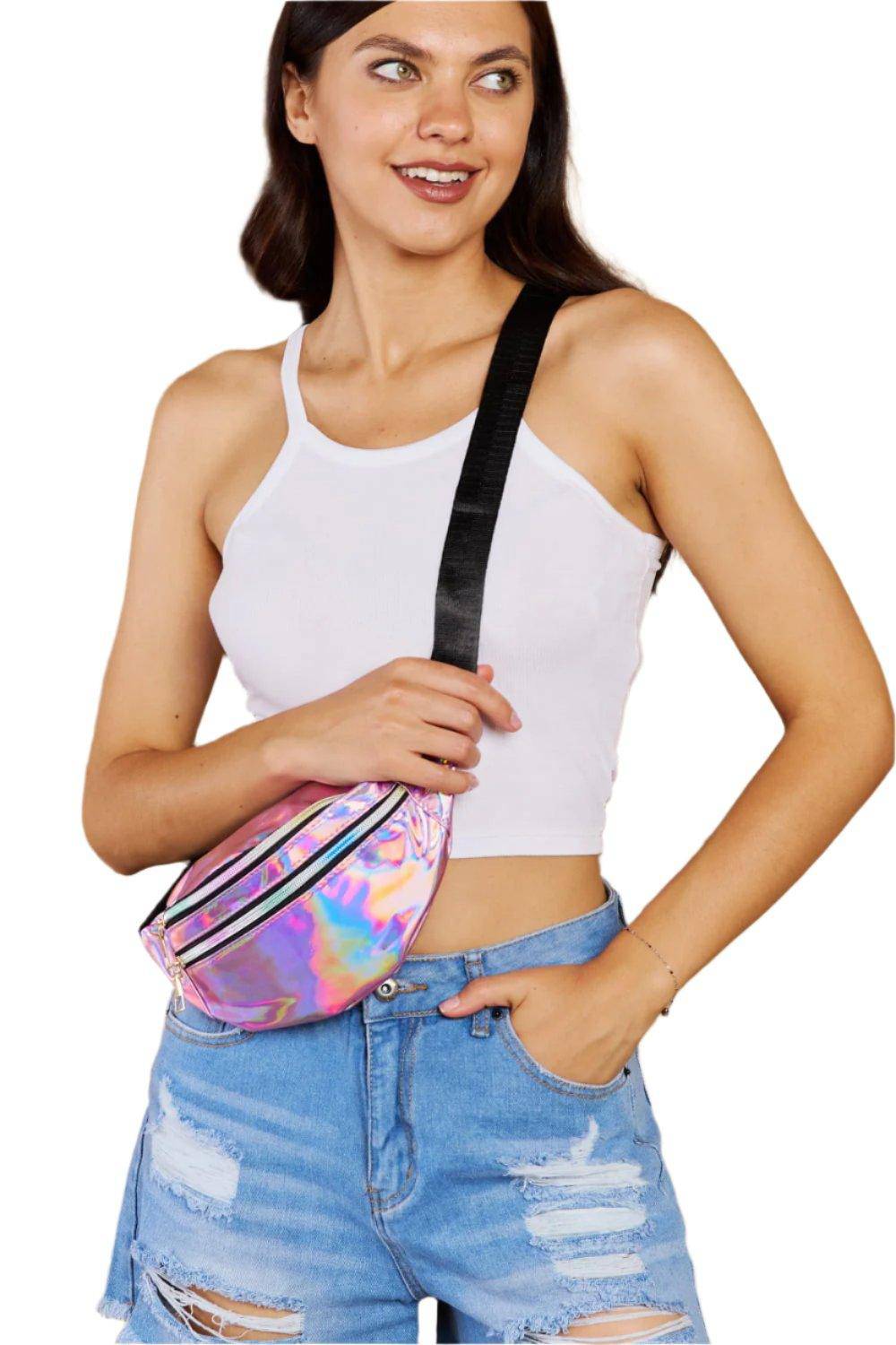 Holographic Double Zipper Fanny Pack in Hot Pink - Dapper Deluxe Fashion