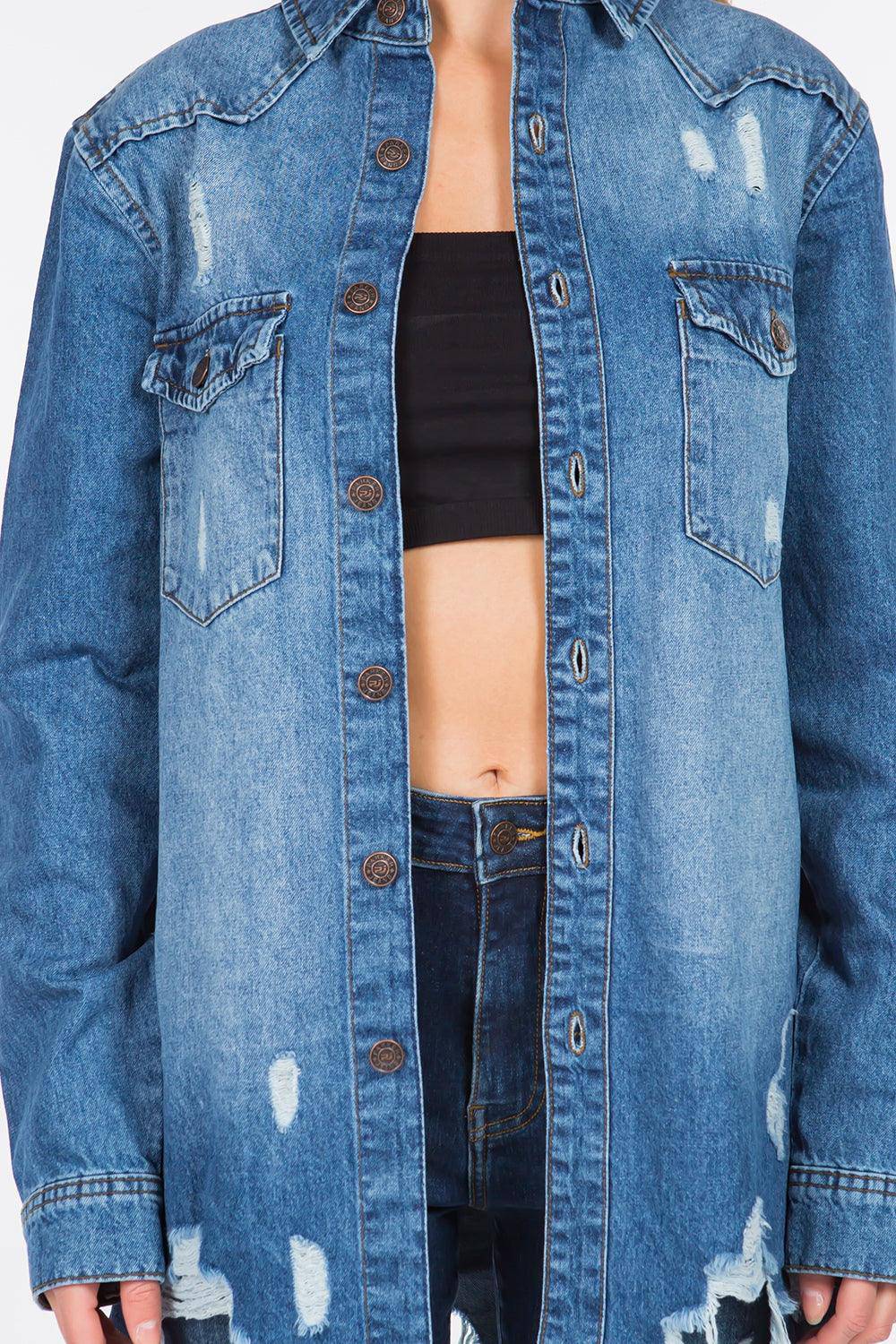 Distressed Frayed Hem Denim Jacket - Dapper Deluxe Fashion