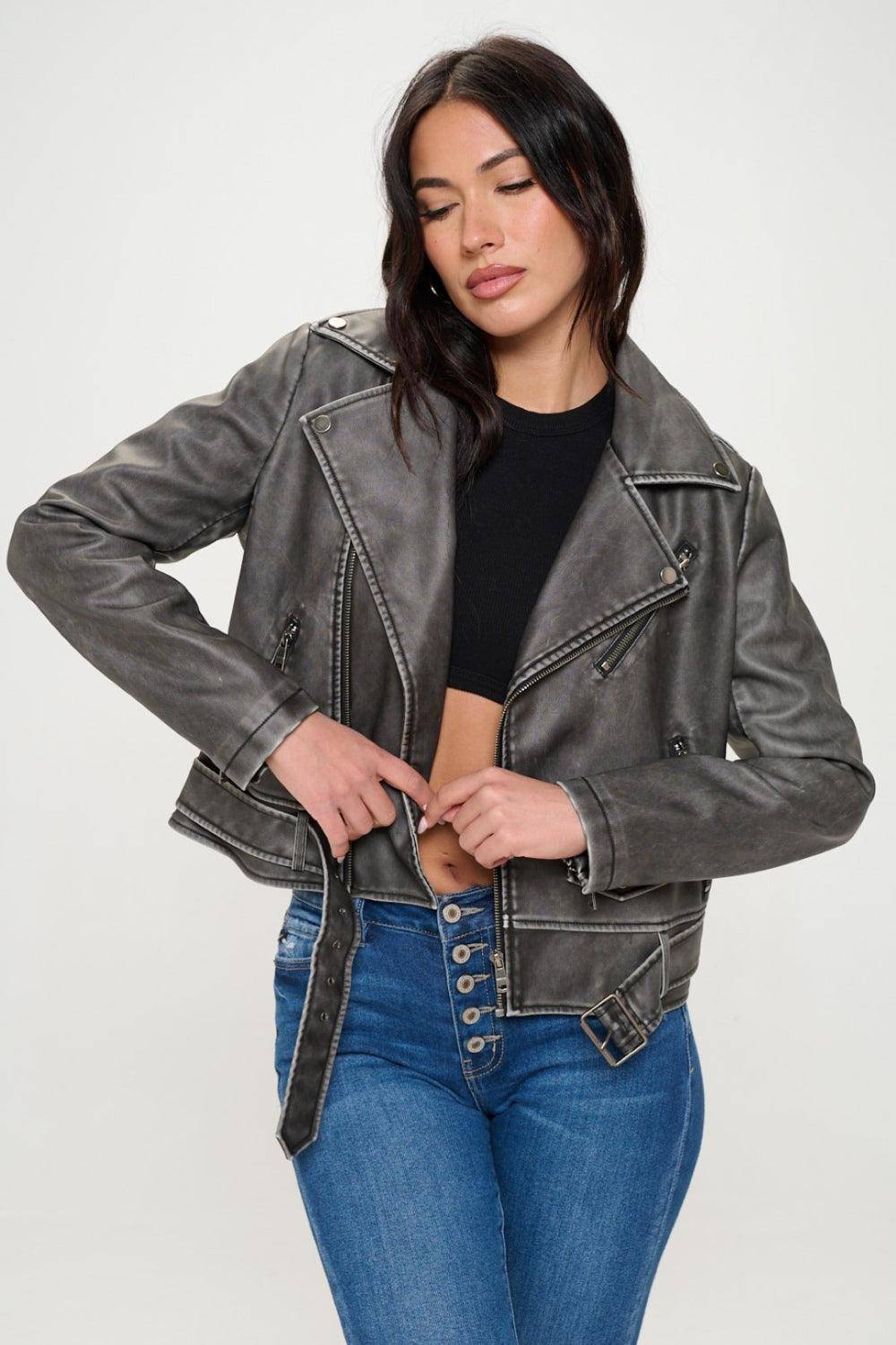 Giovanni Zip Up Biker Jacket with Belt in Black - Dapper Deluxe Fashion