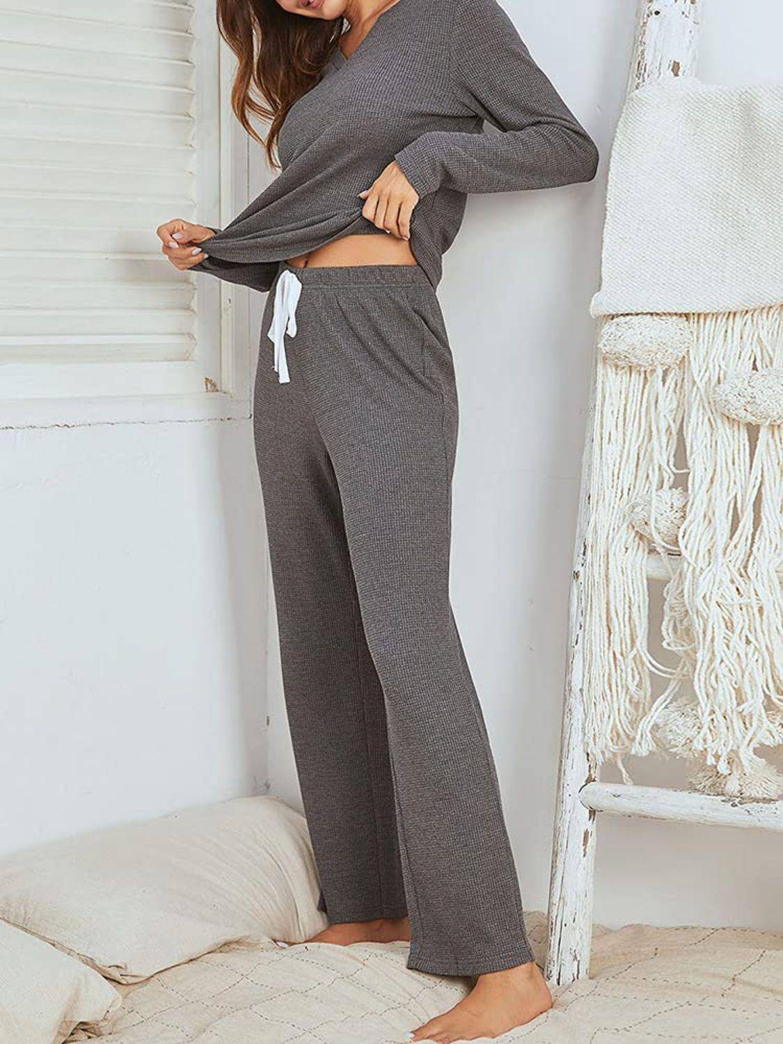 Notched Long Sleeve Top and Pants Set - Dapper Deluxe Fashion