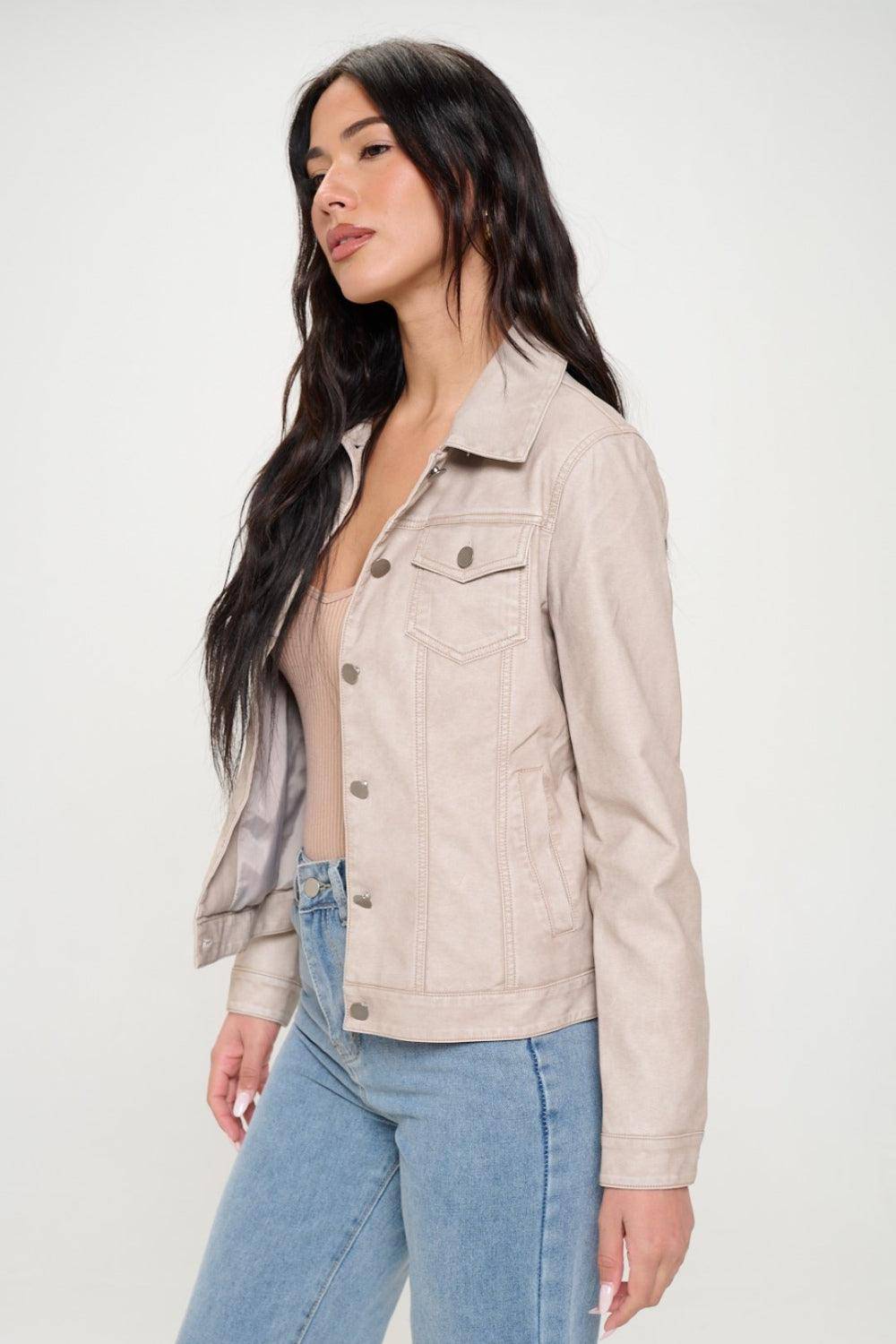 Julianne Button Down Cargo Vegan Leather Shacket in Cream - Dapper Deluxe Fashion