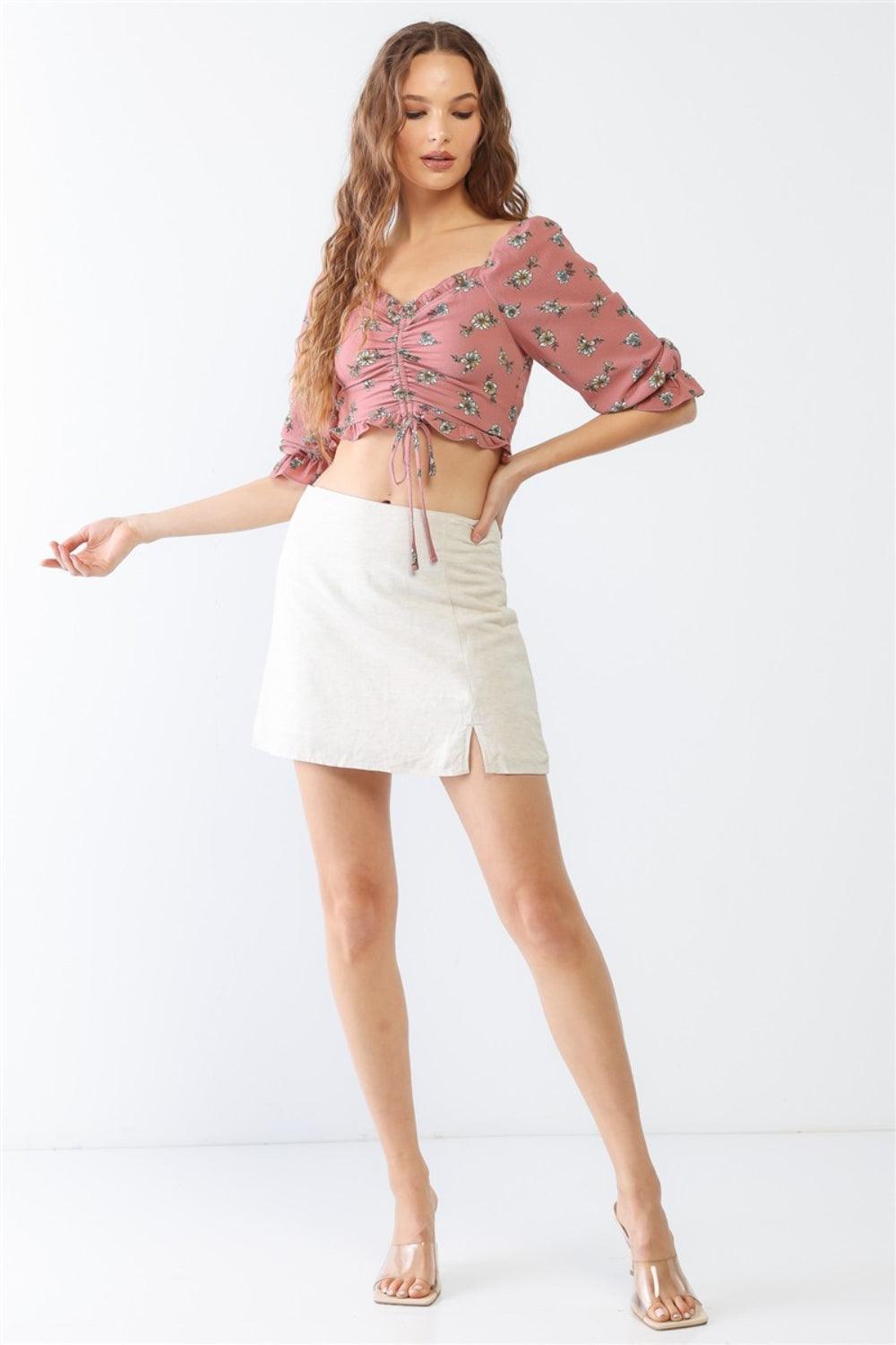 Floral Ruffle Smocked Back Ruched Crop Top - Dapper Deluxe Fashion