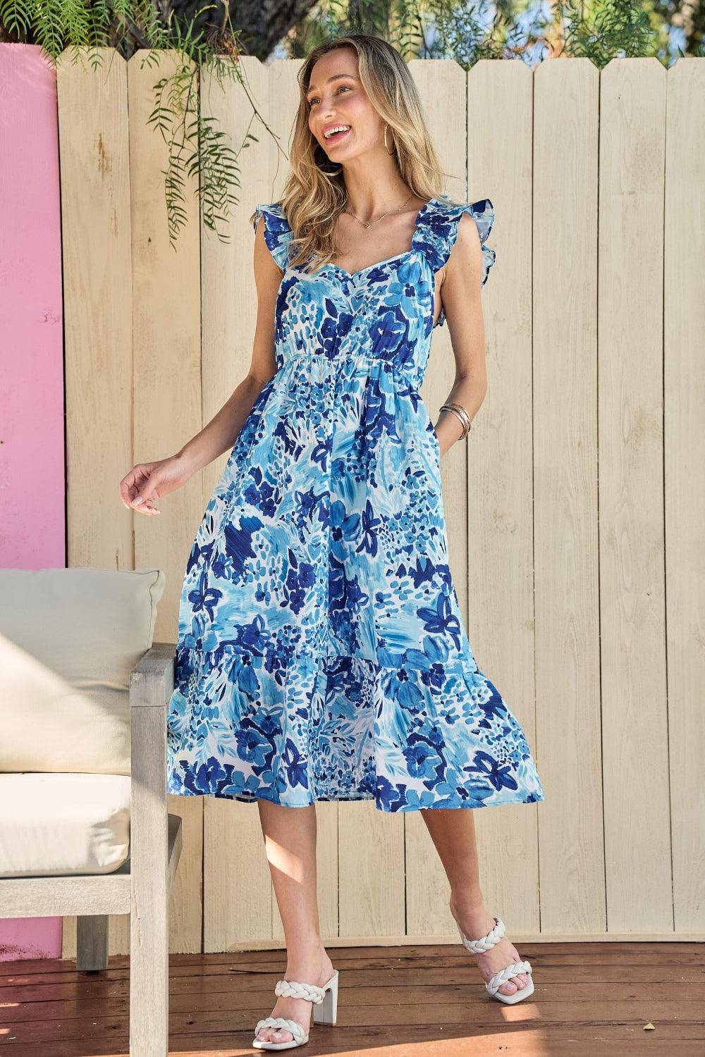 Floral Ruffled Sleeveless Midi Dress - Dapper Deluxe Fashion