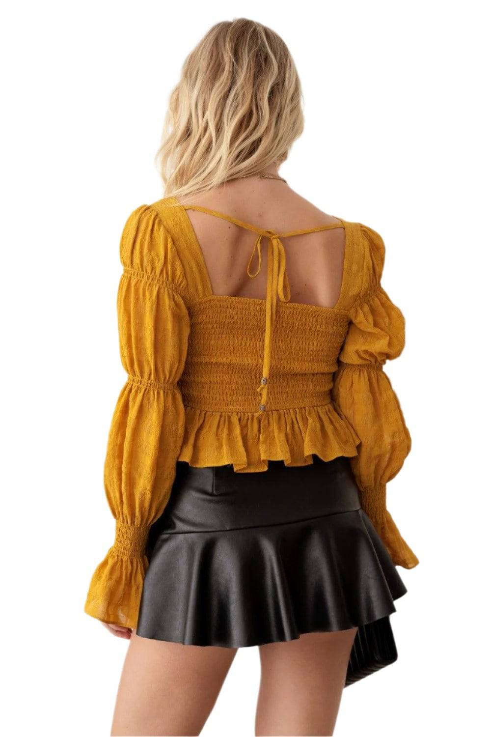 Shirred Smocked Peplum Long Sleeve Top - Dapper Deluxe Fashion