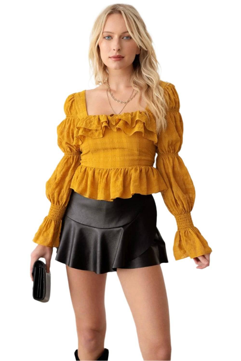 Shirred Smocked Peplum Long Sleeve Top - Dapper Deluxe Fashion