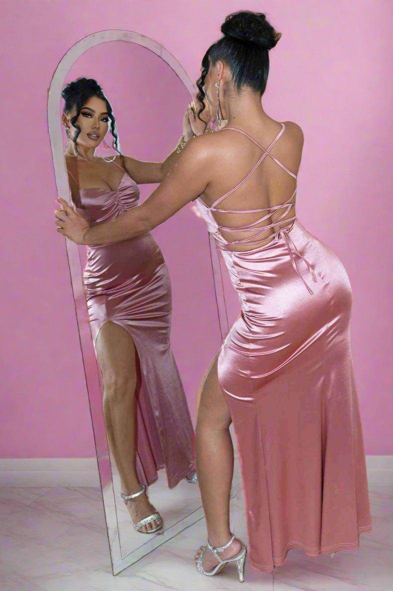 Backless Crisscross Ruched Split Satin Dress - Dapper Deluxe Fashion