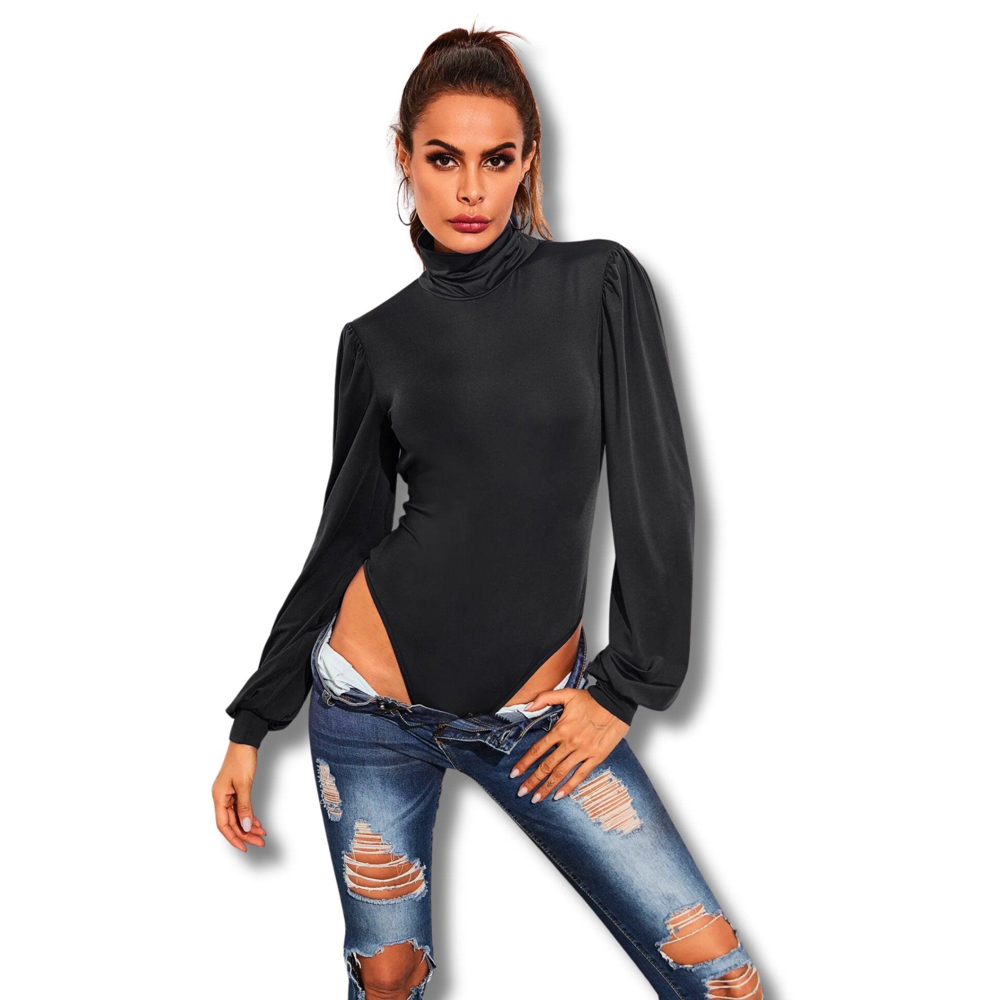 Backless Tie-Waist Turtleneck Lantern Sleeve Bodysuit - Dapper Deluxe Fashion