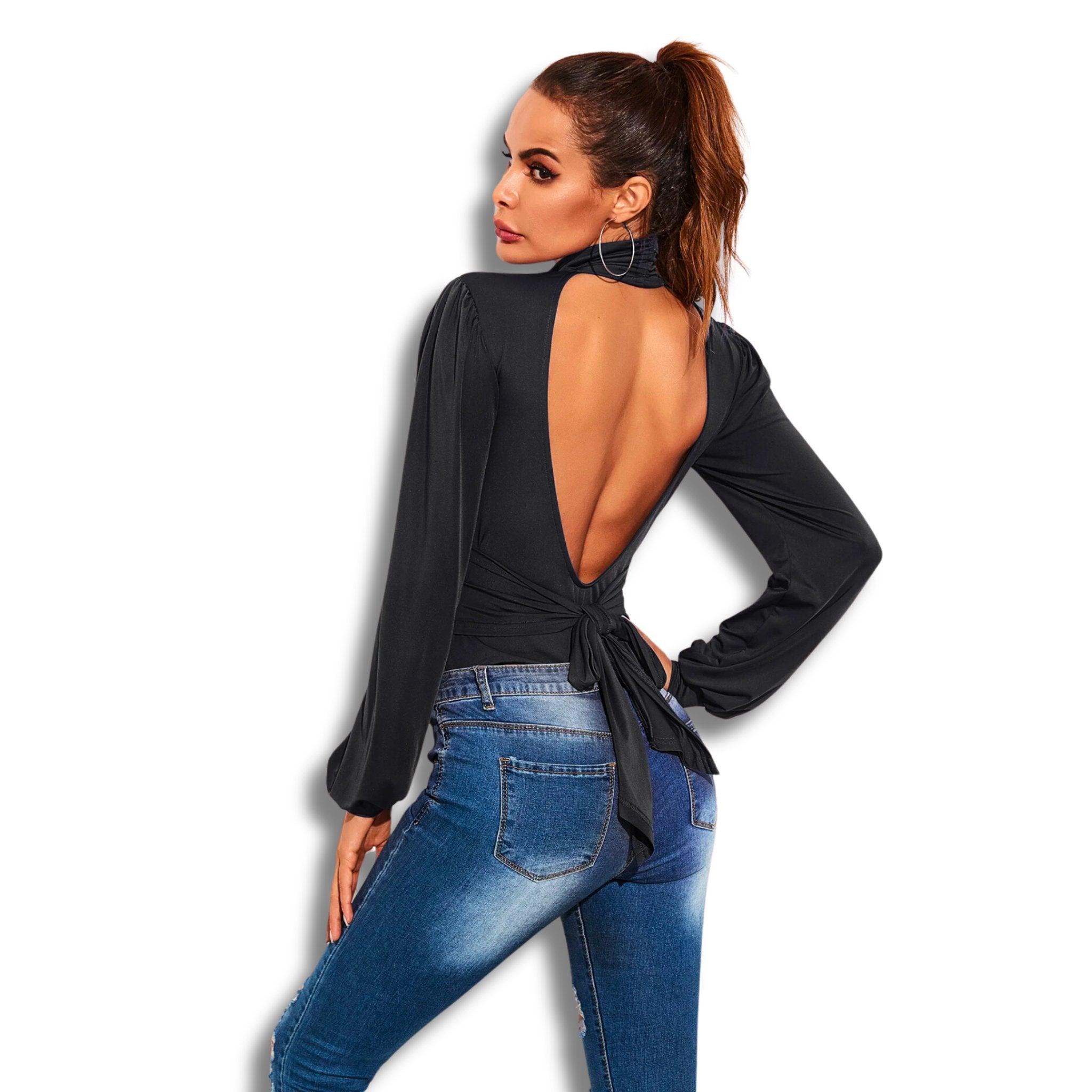 Backless Tie-Waist Turtleneck Lantern Sleeve Bodysuit - Dapper Deluxe Fashion