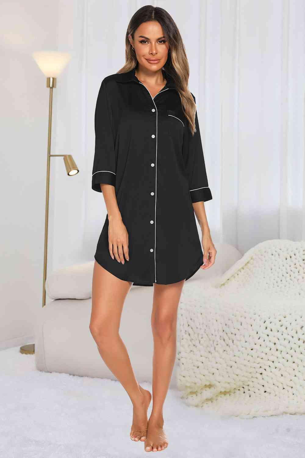 Button Up Collared Neck Night Dress with Pocket - Dapper Deluxe Fashion