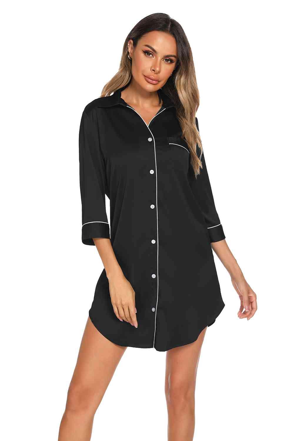 Button Up Collared Neck Night Dress with Pocket - Dapper Deluxe Fashion