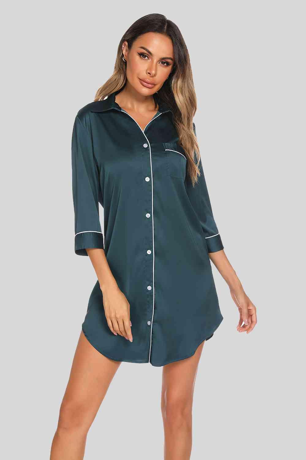 Button Up Collared Neck Night Dress with Pocket - Dapper Deluxe Fashion