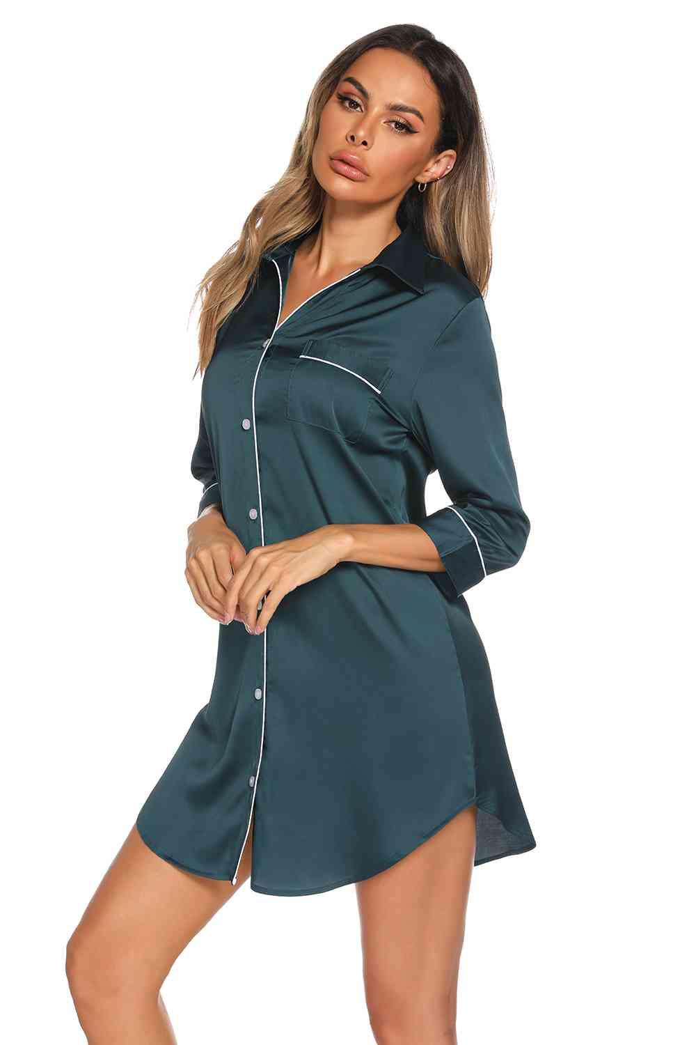 Button Up Collared Neck Night Dress with Pocket - Dapper Deluxe Fashion