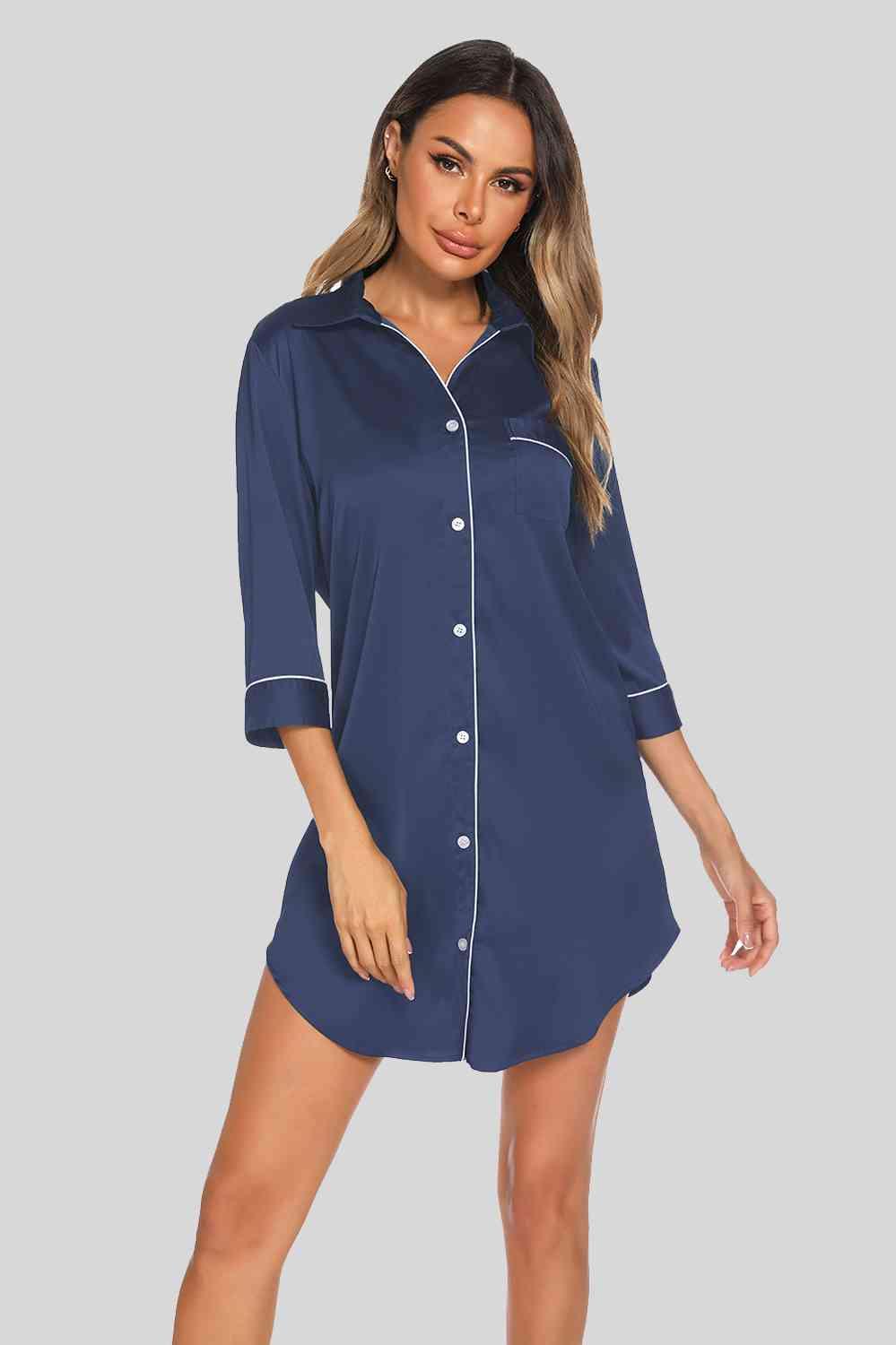 Button Up Collared Neck Night Dress with Pocket - Dapper Deluxe Fashion