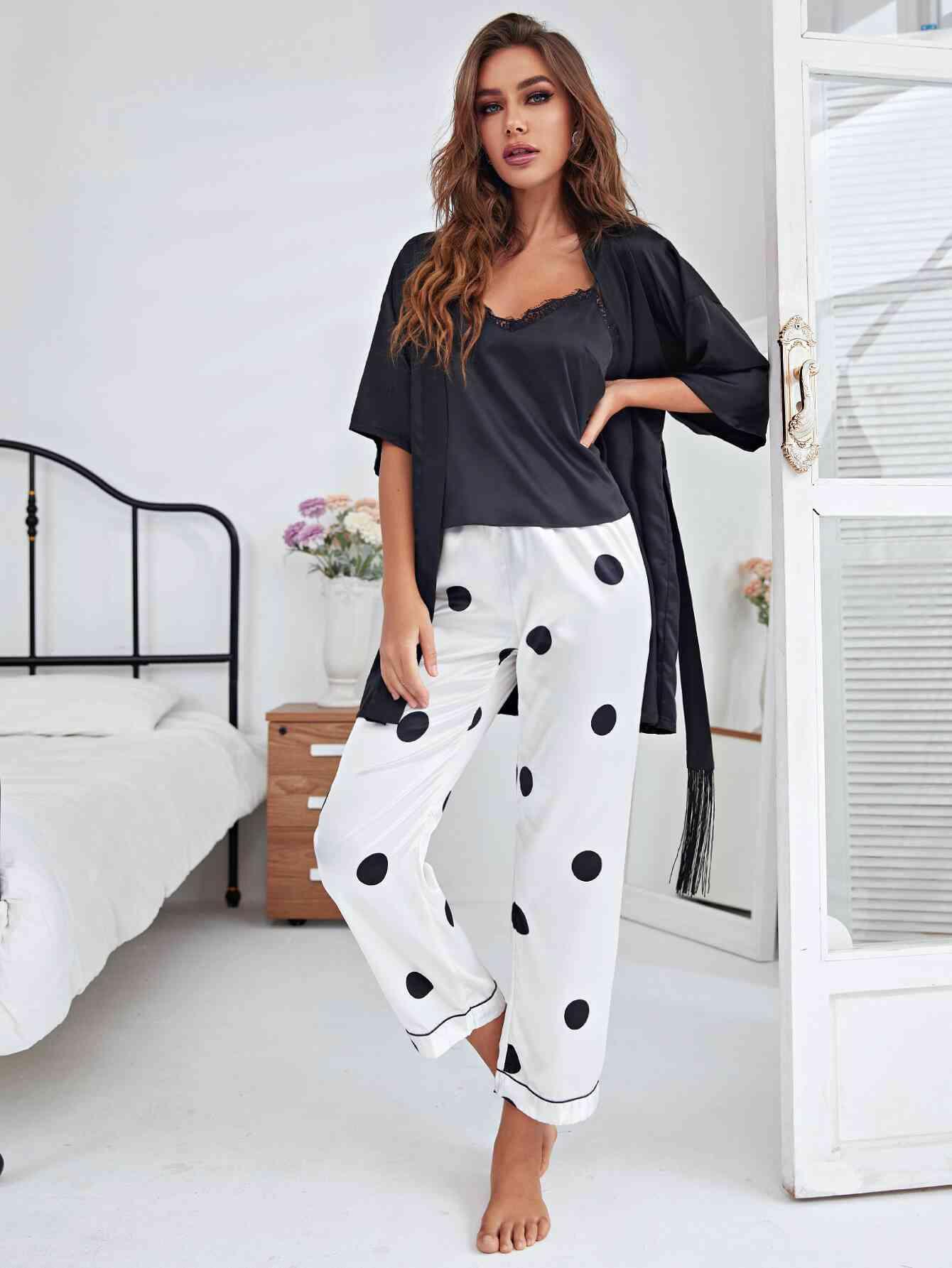 Cami, Robe, and Printed Pants Pajama Set - Dapper Deluxe Fashion