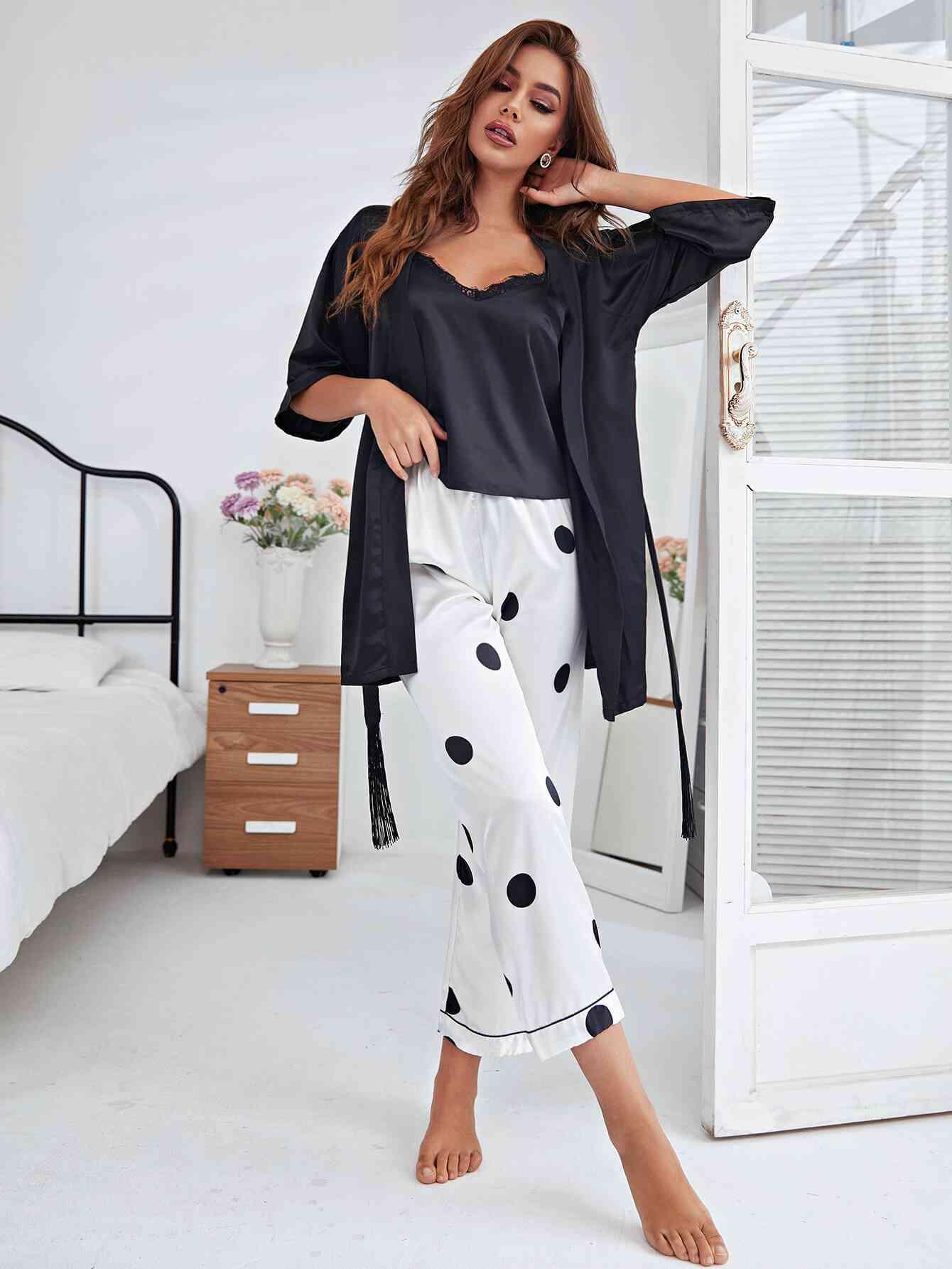 Cami, Robe, and Printed Pants Pajama Set - Dapper Deluxe Fashion