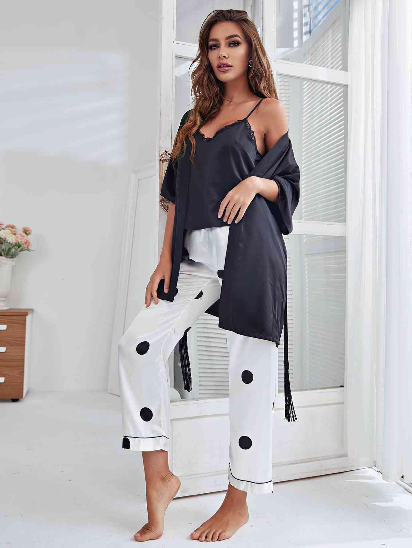 Cami, Robe, and Printed Pants Pajama Set - Dapper Deluxe Fashion