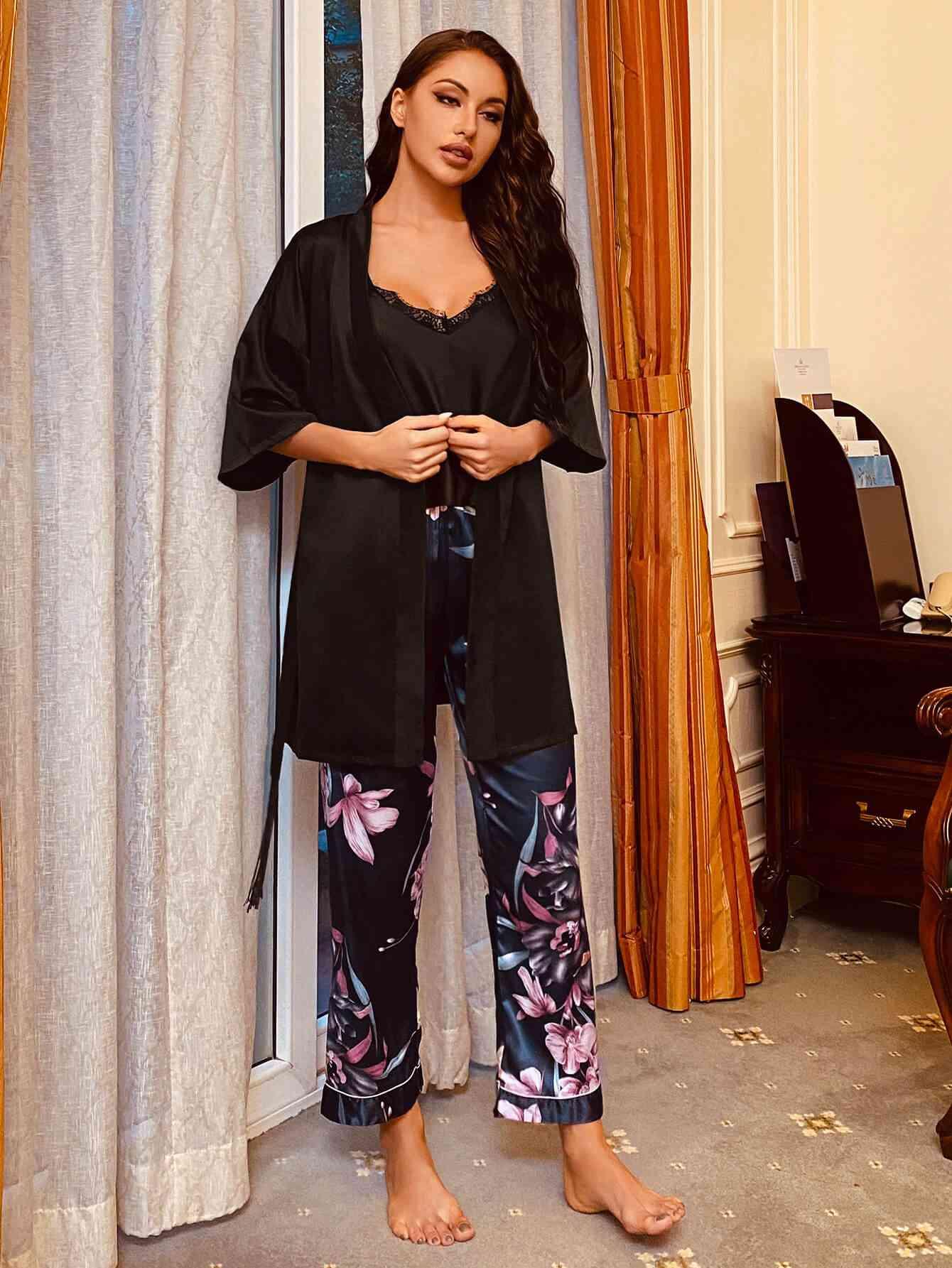 Cami, Robe, and Printed Pants Pajama Set - Dapper Deluxe Fashion