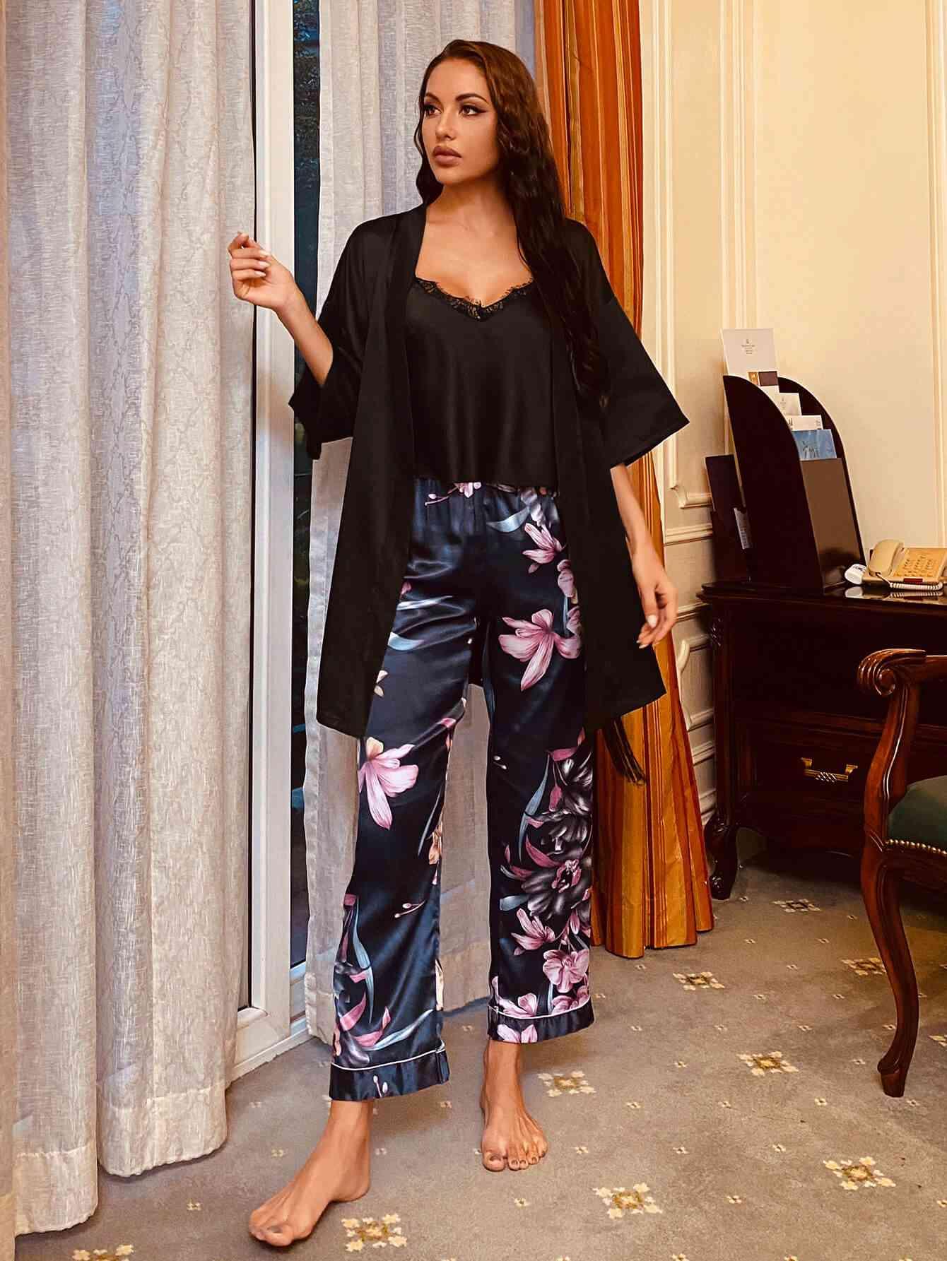 Cami, Robe, and Printed Pants Pajama Set - Dapper Deluxe Fashion