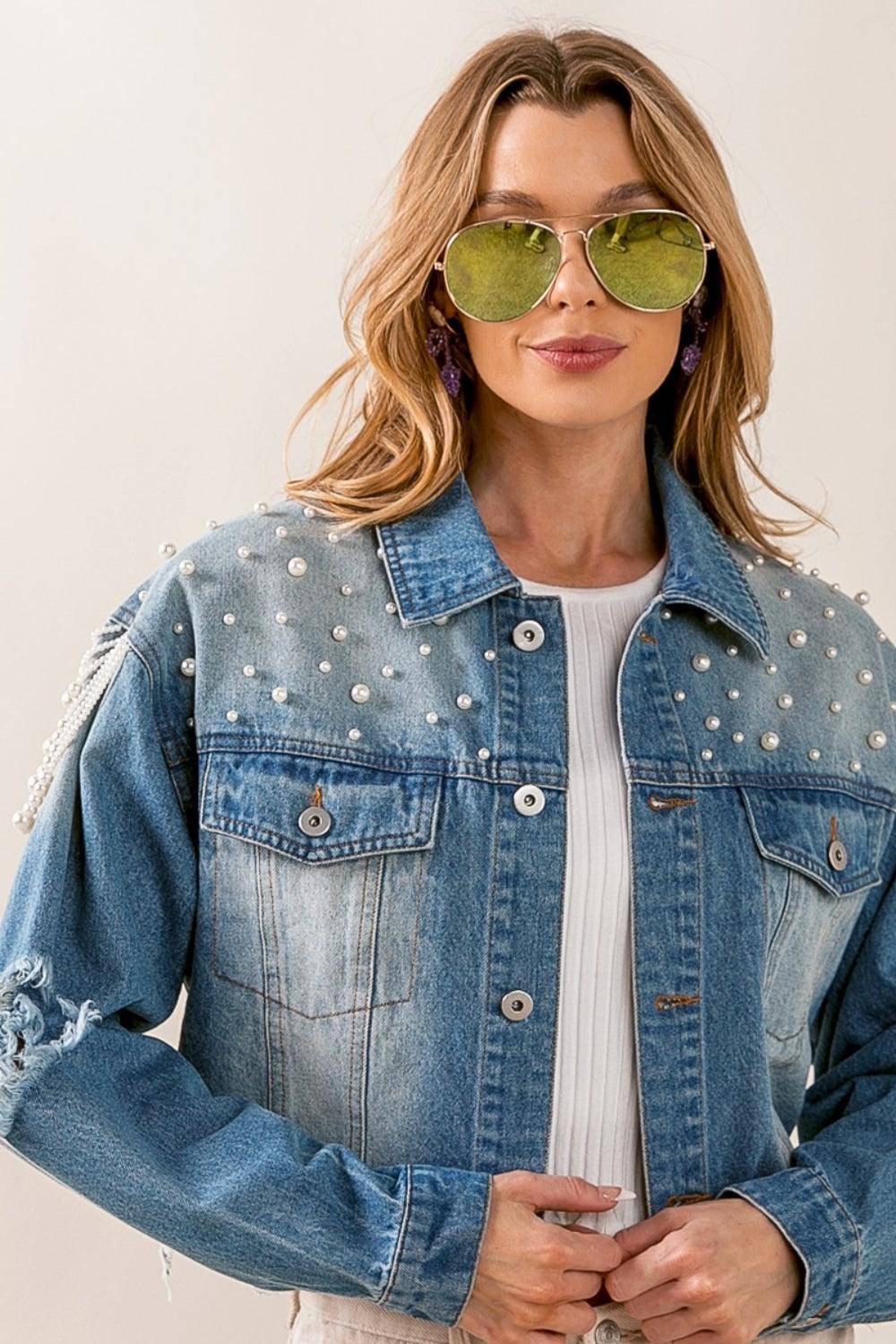 Clutch My Pearls Denim Jacket - Dapper Deluxe Fashion