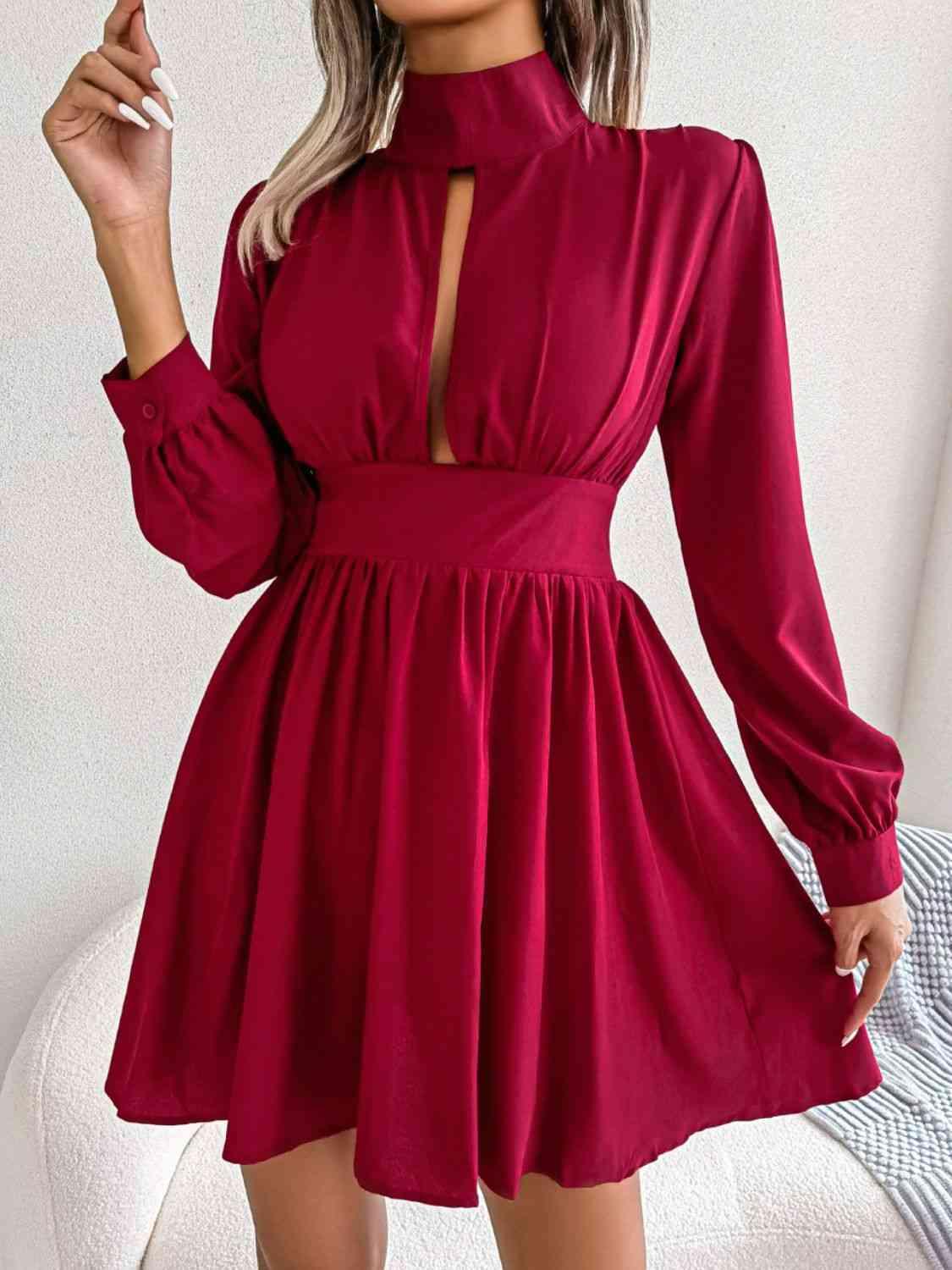 Cutout Turtleneck A-Line Mini Dress - Dapper Deluxe Fashion