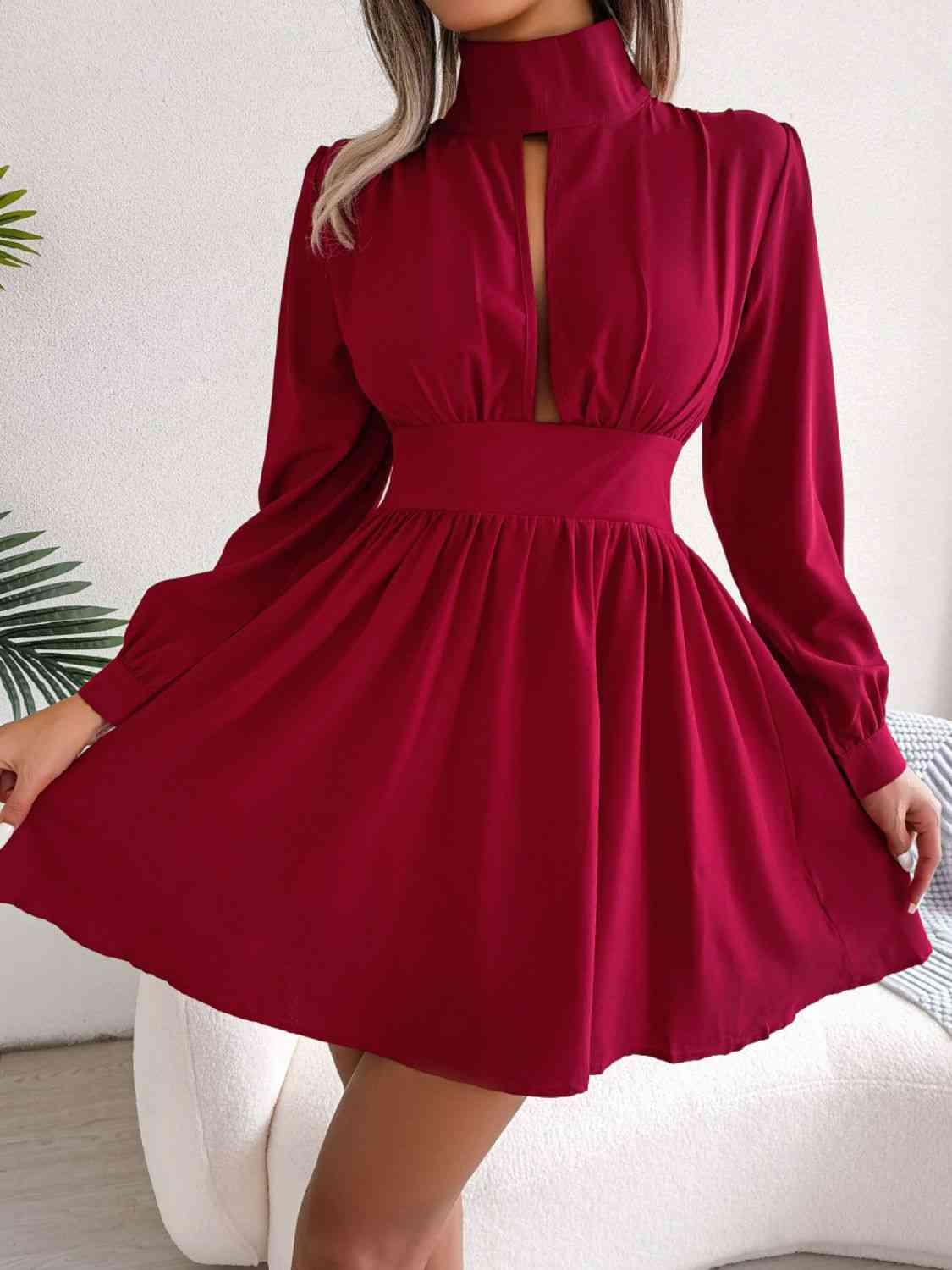 Cutout Turtleneck A-Line Mini Dress - Dapper Deluxe Fashion