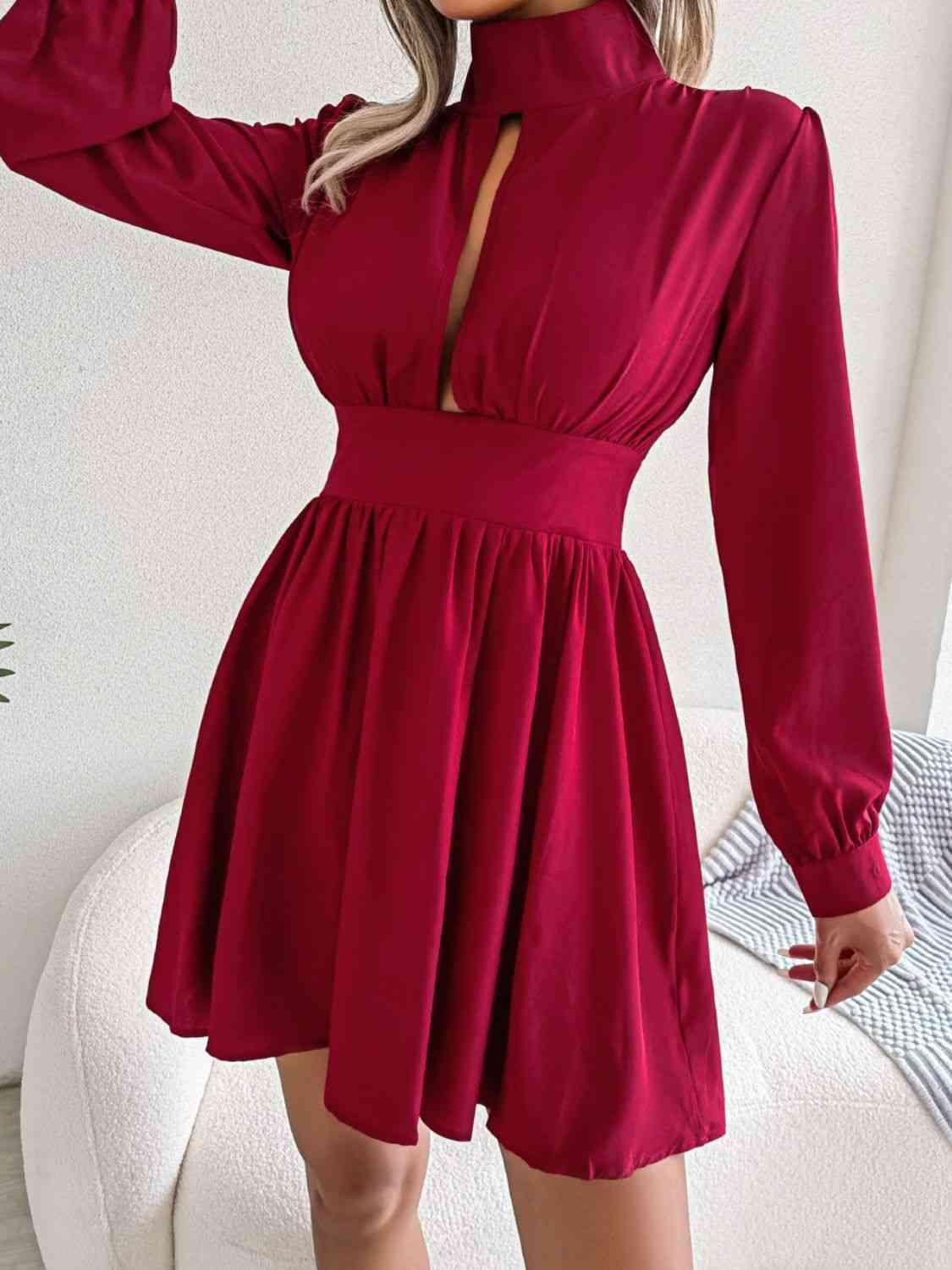 Cutout Turtleneck A-Line Mini Dress - Dapper Deluxe Fashion