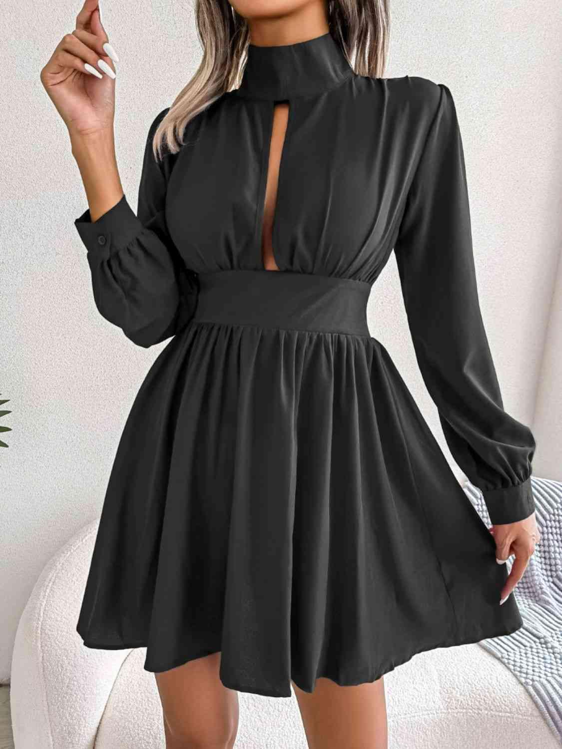 Cutout Turtleneck A-Line Mini Dress - Dapper Deluxe Fashion