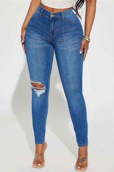 Distressed Buttoned Jeans with Pockets - Dapper Deluxe Fashion