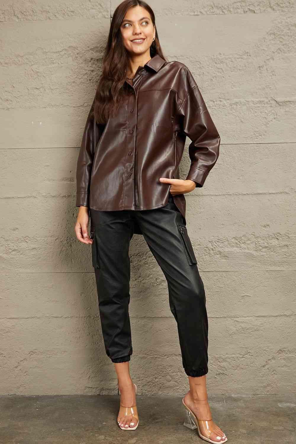 Brown Vegan Leather Button Down Shirt - Dapper Deluxe Fashion