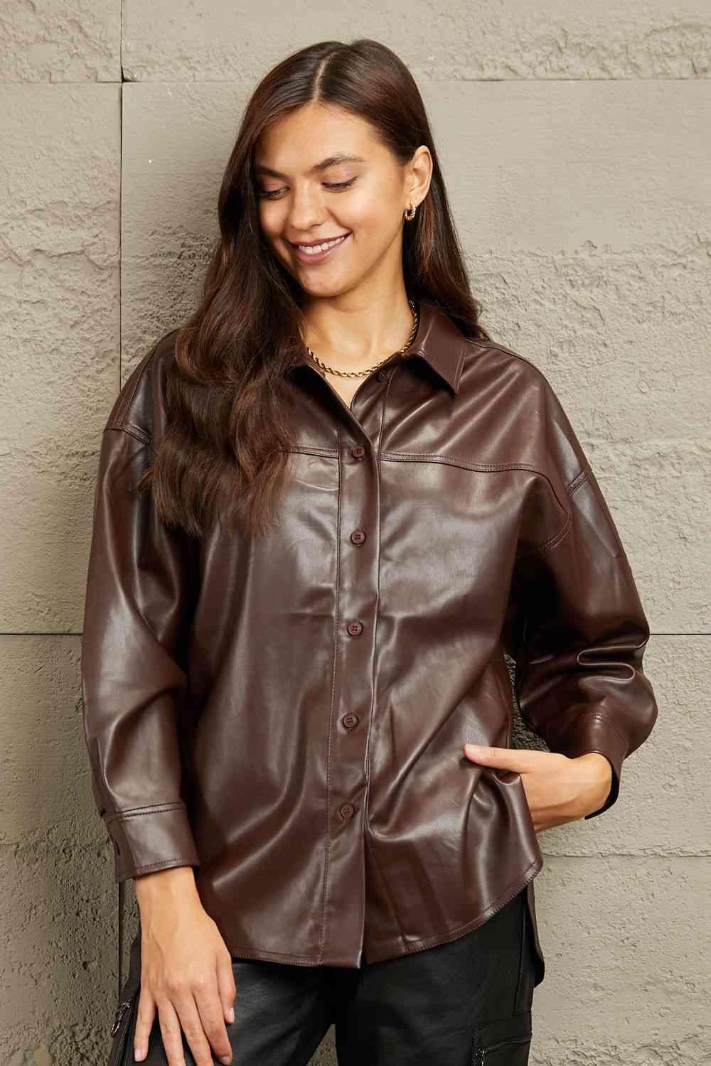 Brown Vegan Leather Button Down Shirt - Dapper Deluxe Fashion