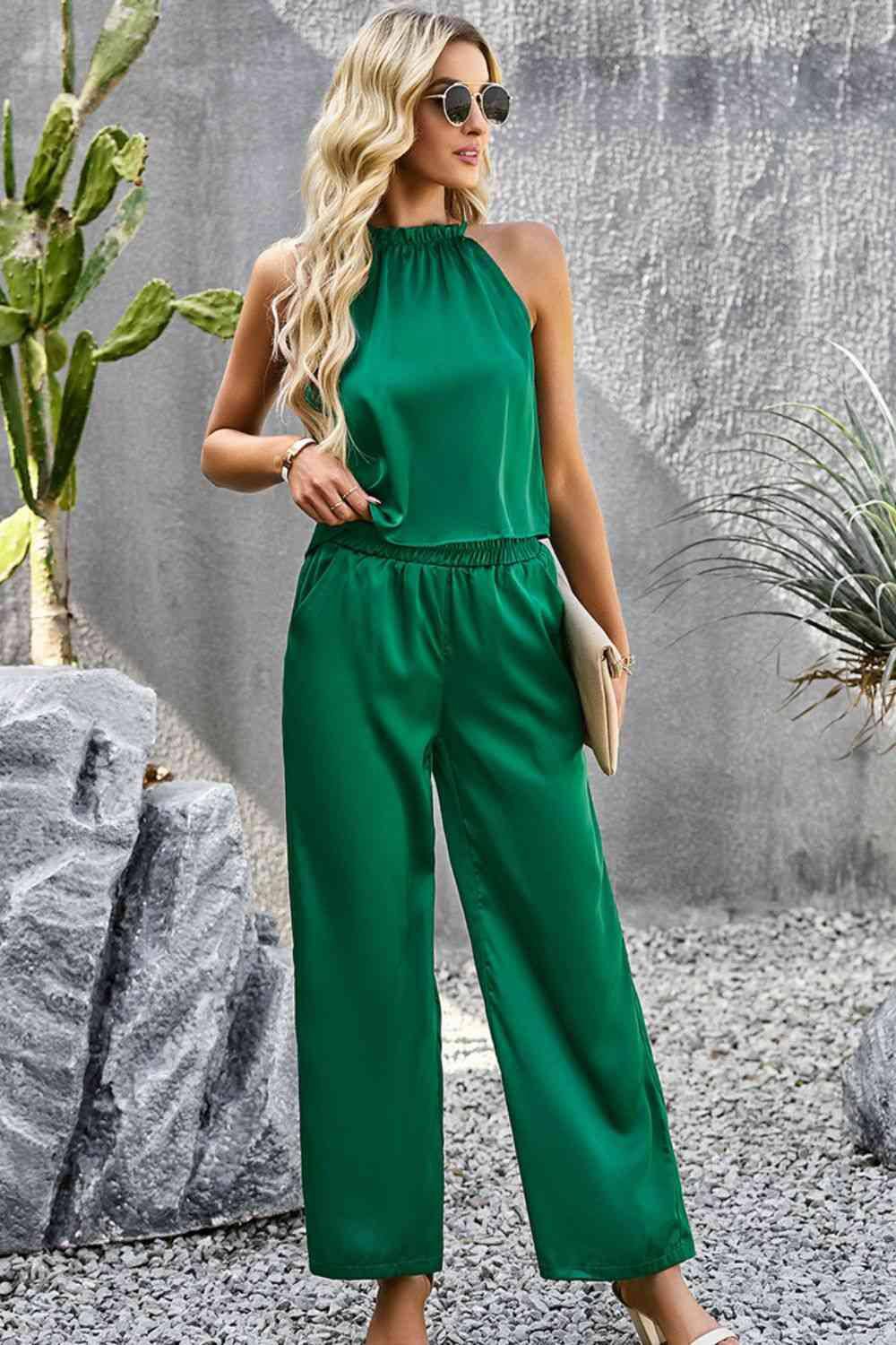 Grecian Neck Sleeveless Pocketed Top and Pants Set - Dapper Deluxe Fashion