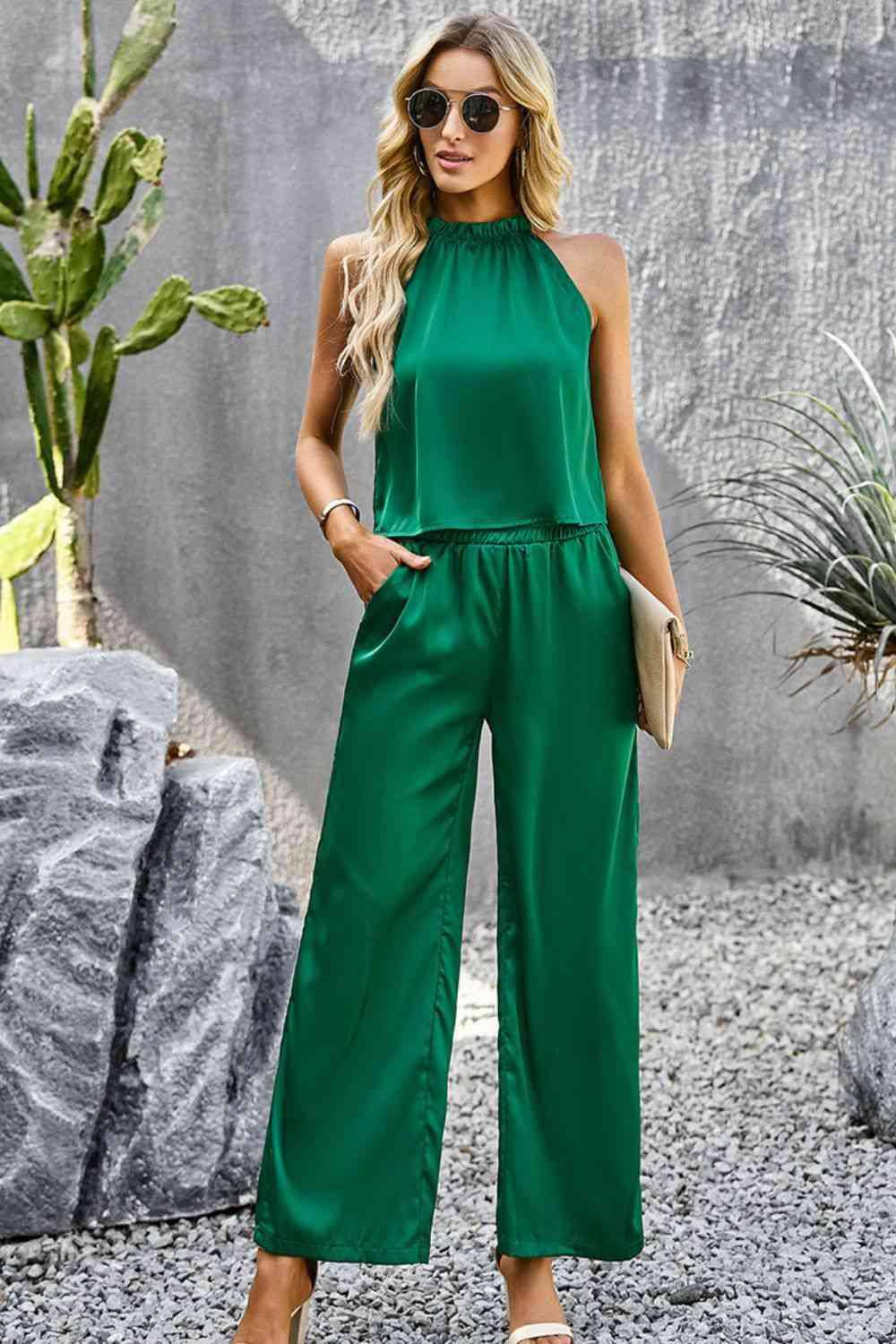 Grecian Neck Sleeveless Pocketed Top and Pants Set - Dapper Deluxe Fashion