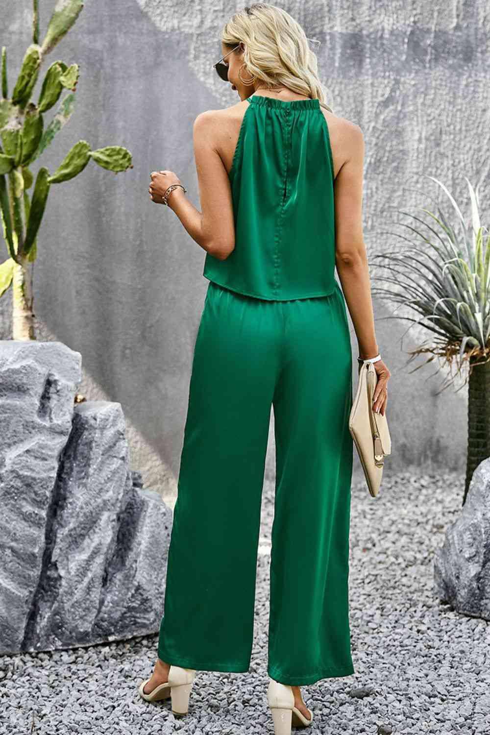 Grecian Neck Sleeveless Pocketed Top and Pants Set - Dapper Deluxe Fashion