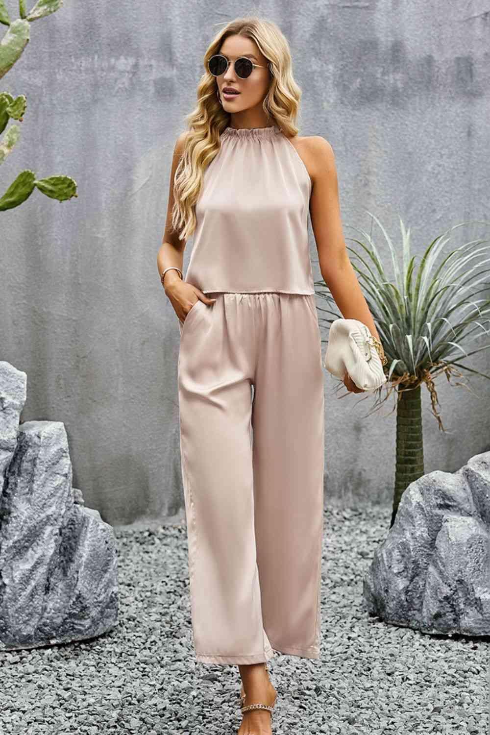 Grecian Neck Sleeveless Pocketed Top and Pants Set - Dapper Deluxe Fashion