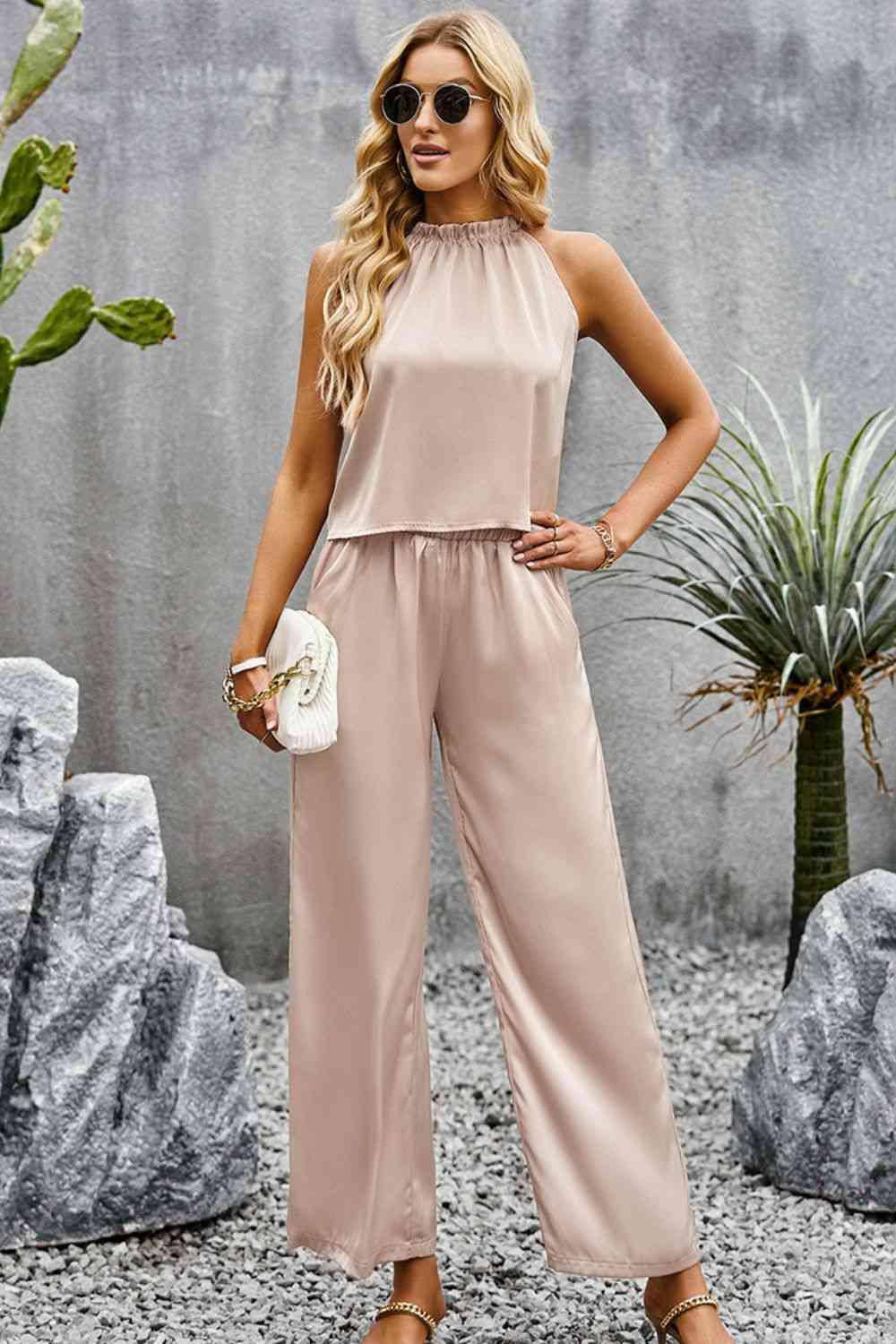 Grecian Neck Sleeveless Pocketed Top and Pants Set - Dapper Deluxe Fashion