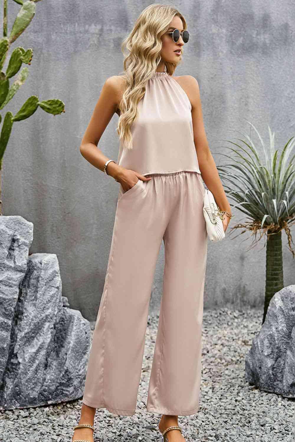 Grecian Neck Sleeveless Pocketed Top and Pants Set - Dapper Deluxe Fashion