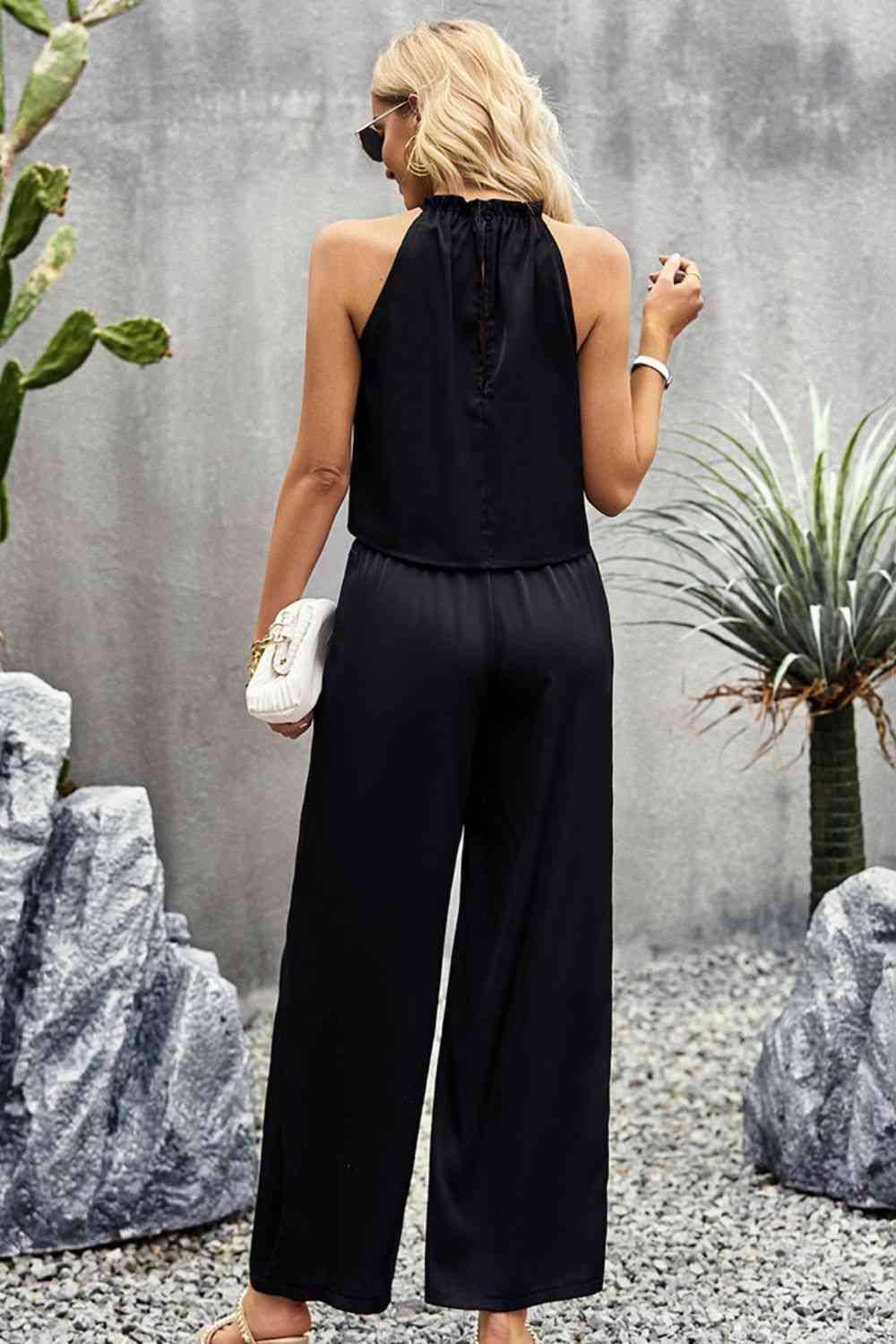 Grecian Neck Sleeveless Pocketed Top and Pants Set - Dapper Deluxe Fashion