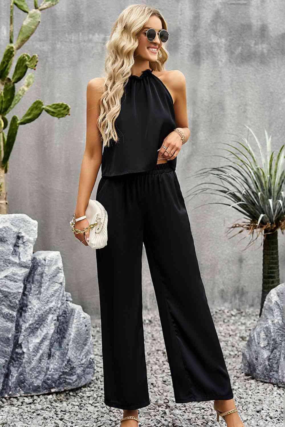 Grecian Neck Sleeveless Pocketed Top and Pants Set - Dapper Deluxe Fashion